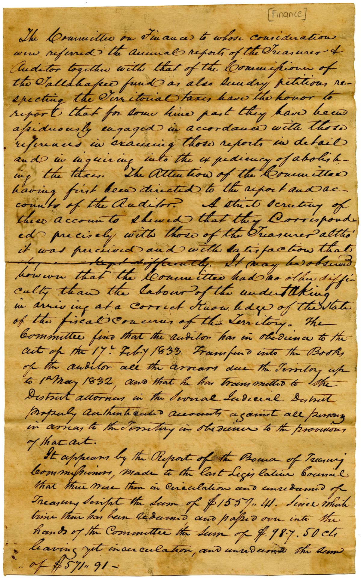 Report of the Committee on Finance Concerning the Report of the Treasurer and Auditor, 1834