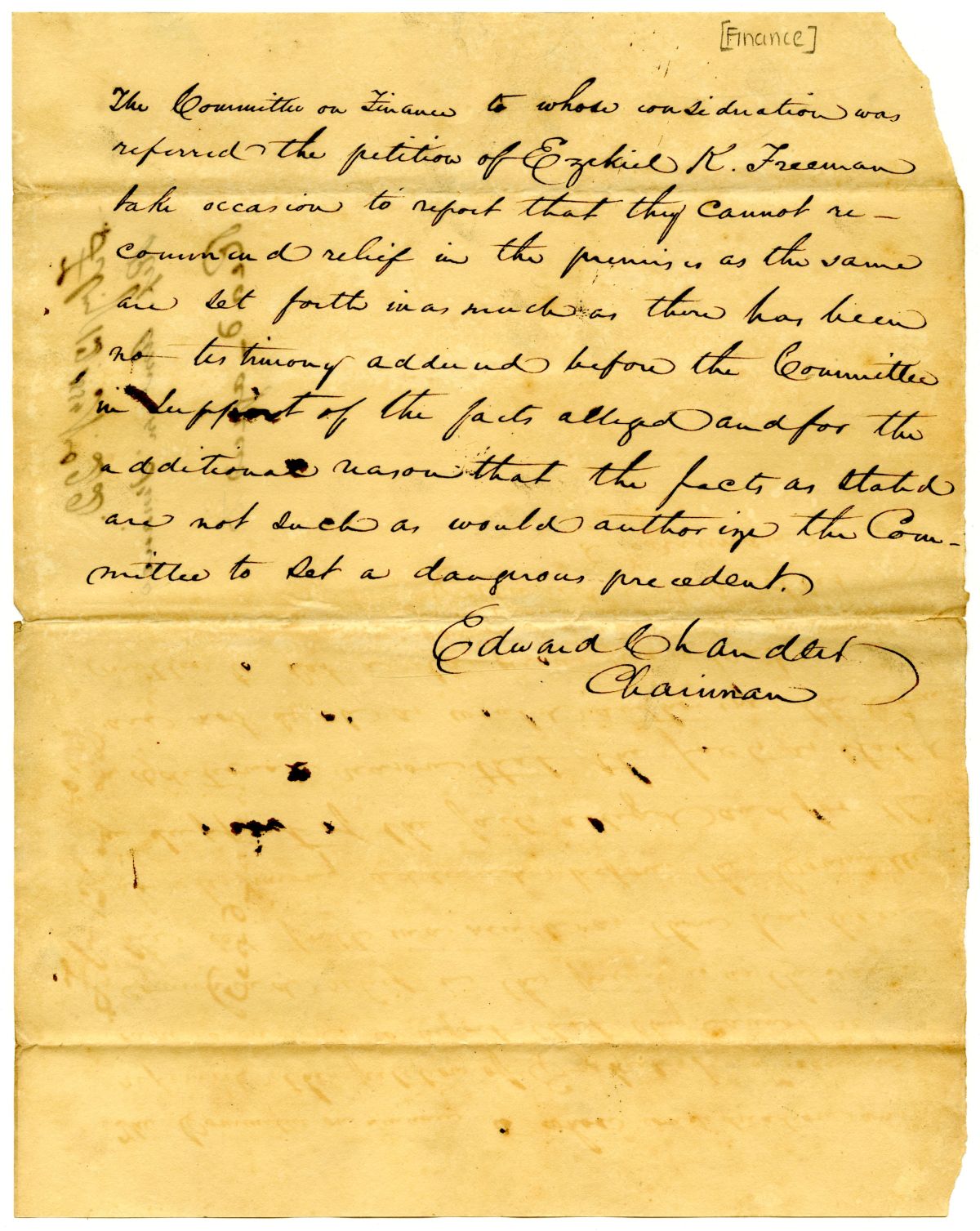 Report of the Committee on Finance Concerning the Petition of Ezekiel K. Freeman, 1834