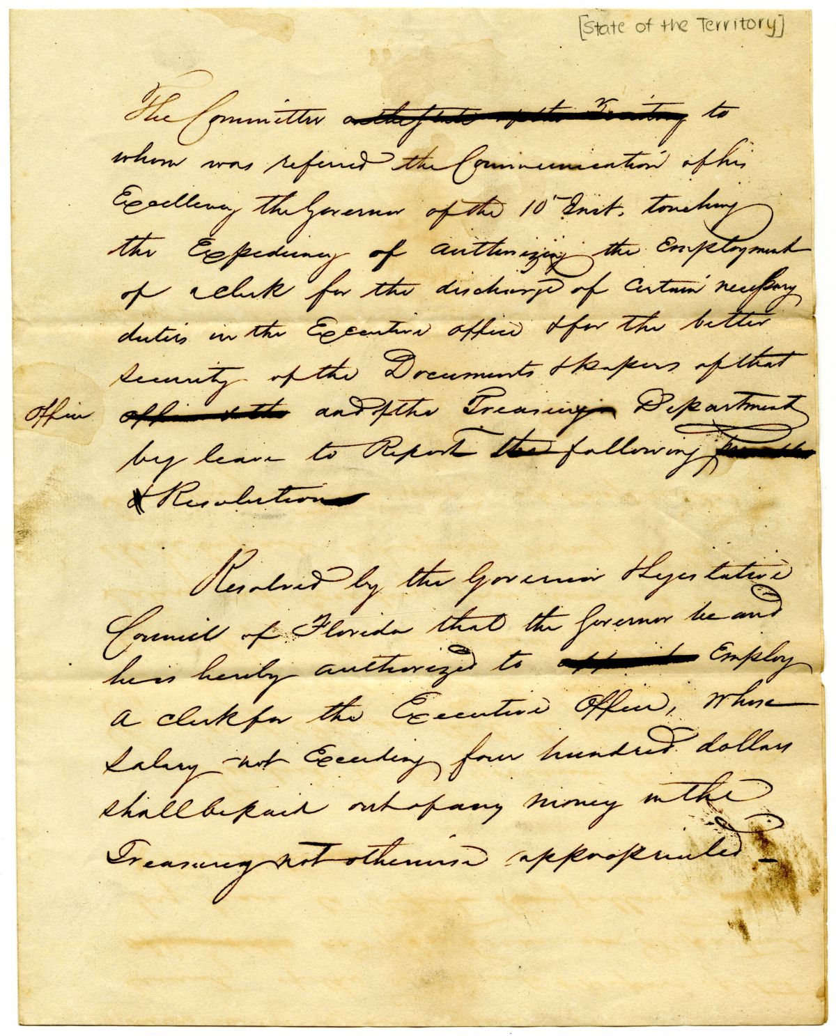 Report of the Committee on the State of the Territory Concerning Hiring an Executive Clerk, 1834