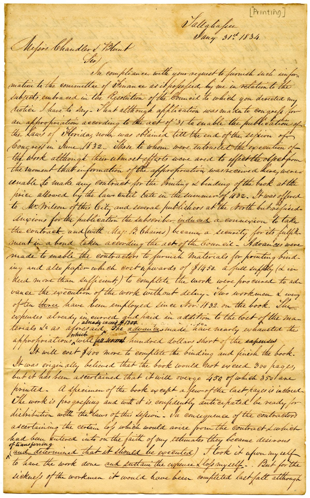 Letter from J. D. Westcott to Misters Chandler and Blount Concerning the Printing of the Laws of the Territory, 1834