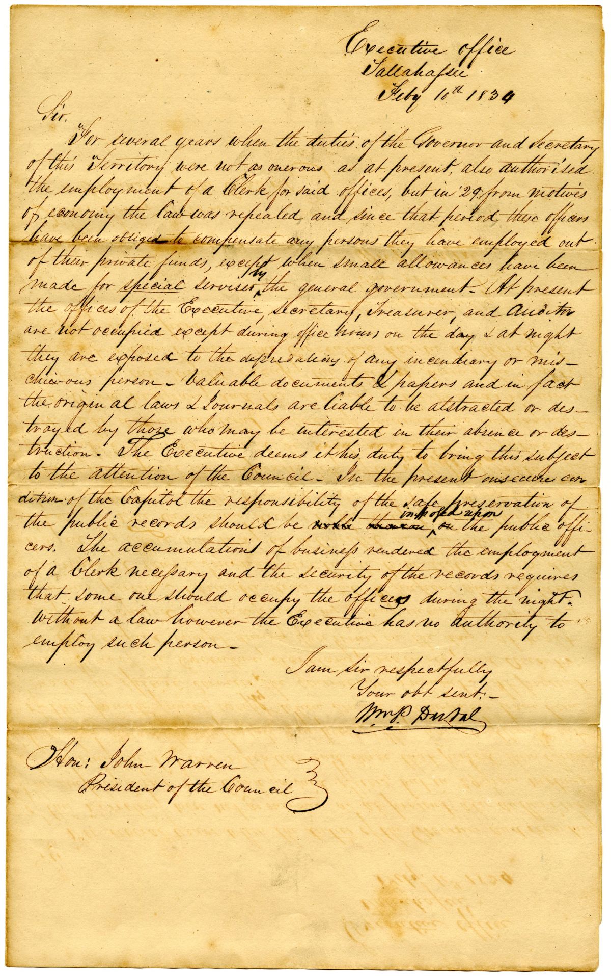 Letter from Governor William Pope Duval to the President of the Territorial Legislative Council Concerning a Clerk, 1834