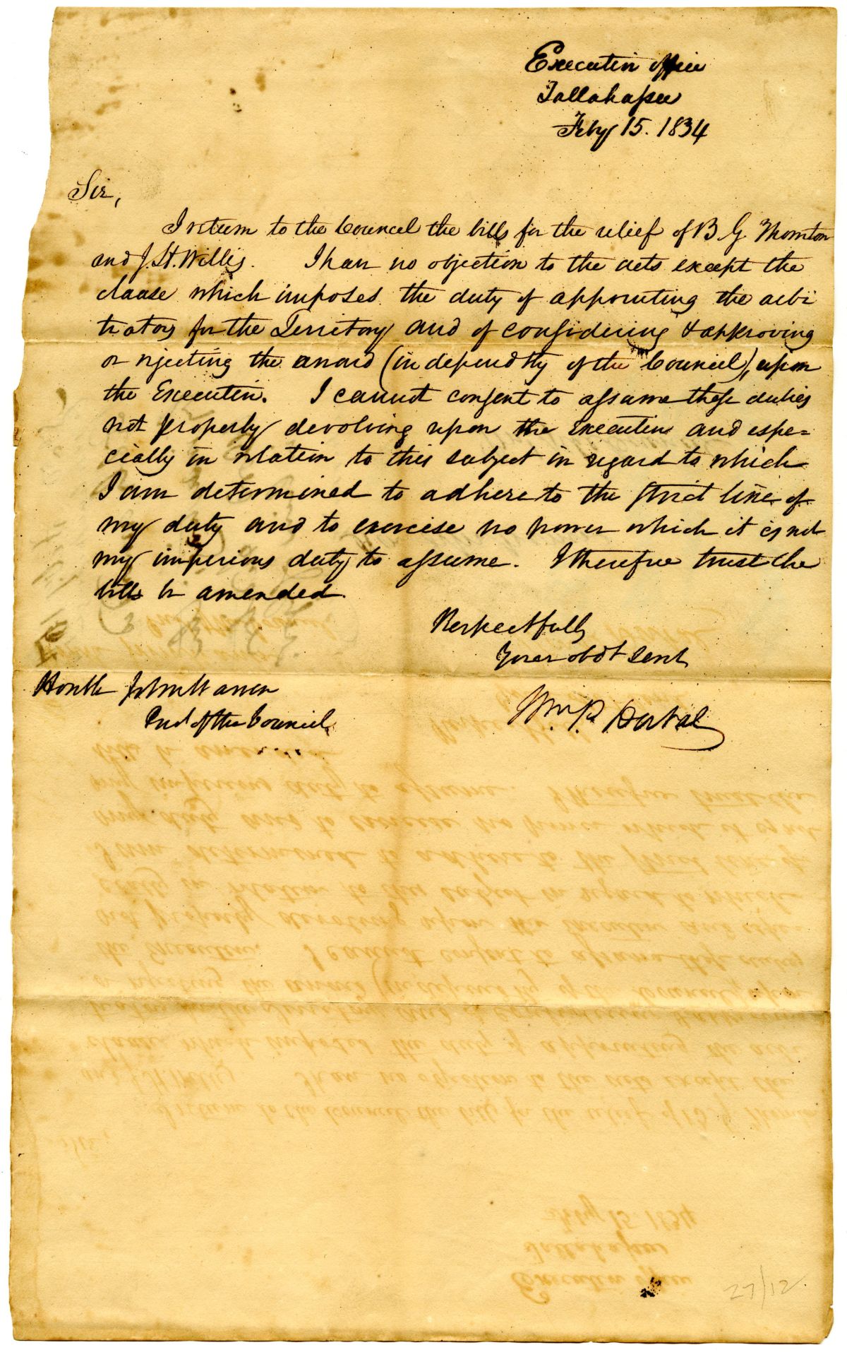 Letter from Governor William Pope Duval to the President of the Territorial Legislative Council Rejecting a Relief Bill, 1834