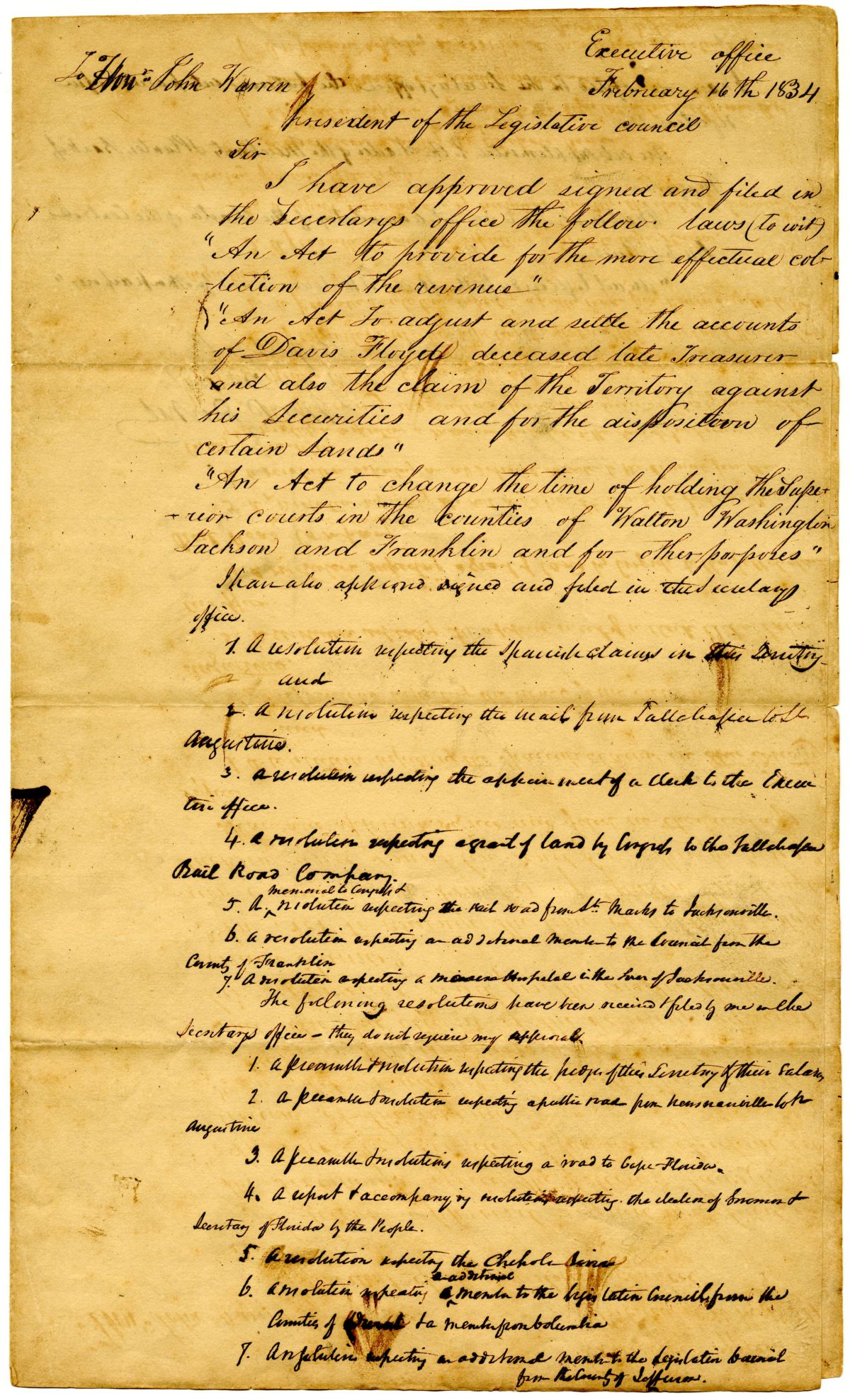 Letter from Governor William Pope Duval to the President of the Territorial Legislative Council Approving Several Acts, 1834