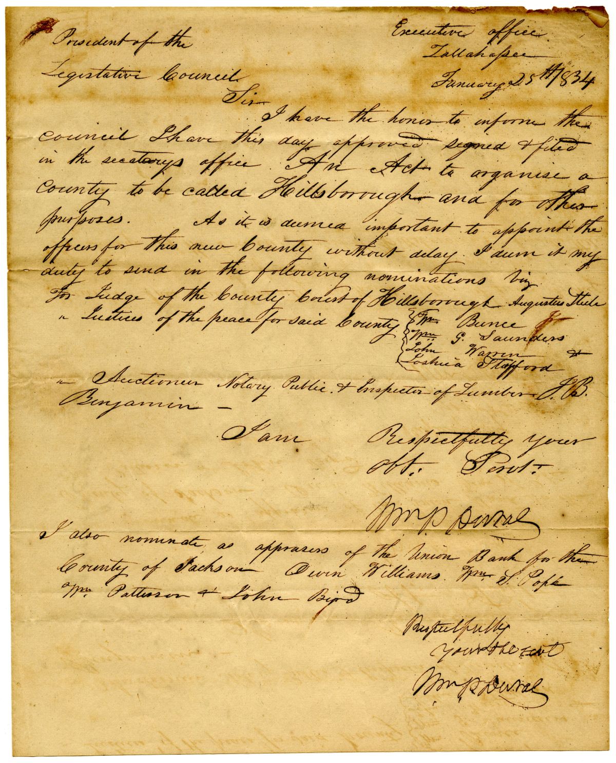 Letter from Governor William Pope Duval to the President of the Territorial Legislative Council Approving an Act to Organize Hillsborough County, 1834