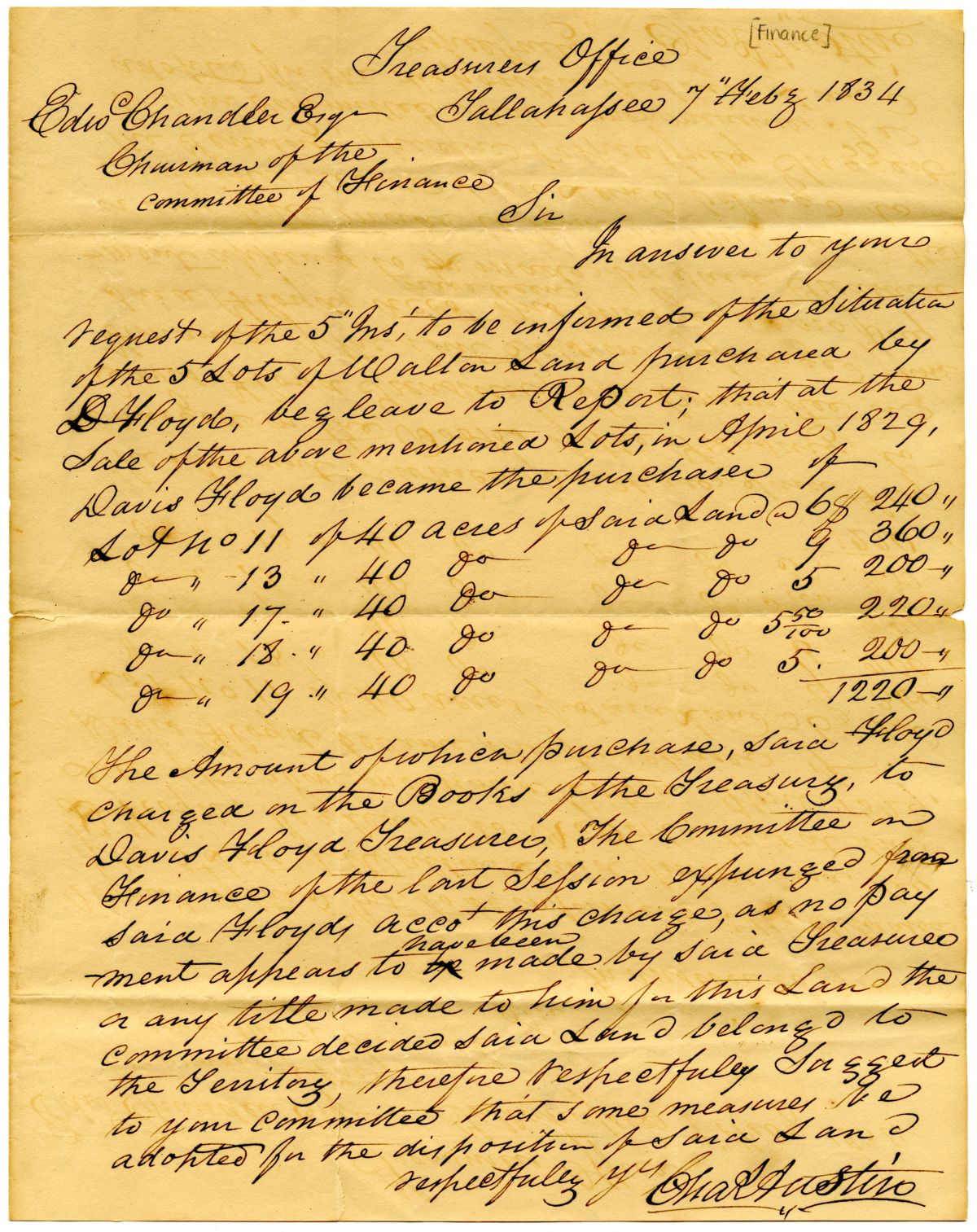 Letter from Charles Austin to Edward Chandler Concerning Lots Purchased by Davis Floyd, 1834