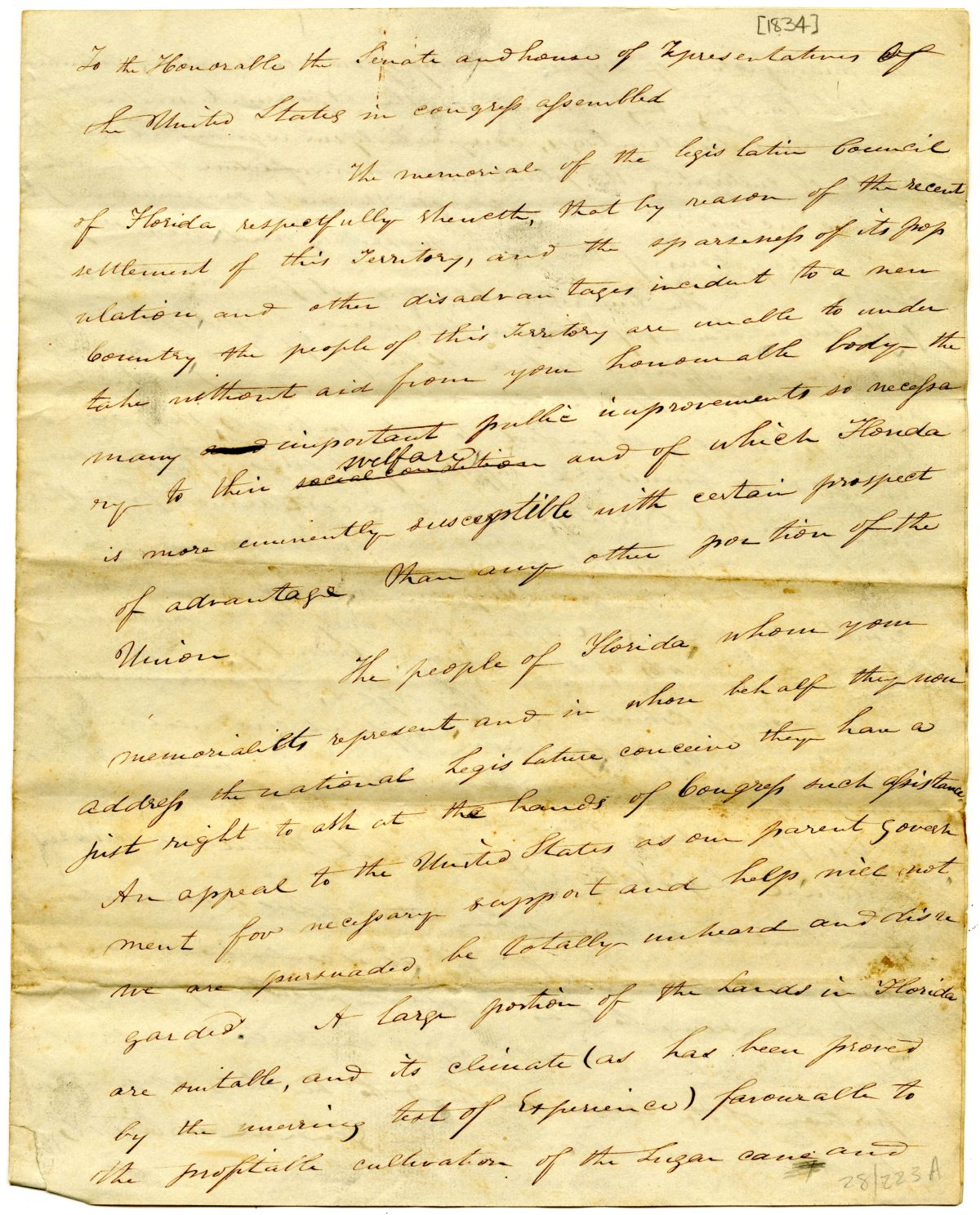 Memorial of the Territorial Legislative Council of Florida to the United States Congress Requesting Aid, 1834