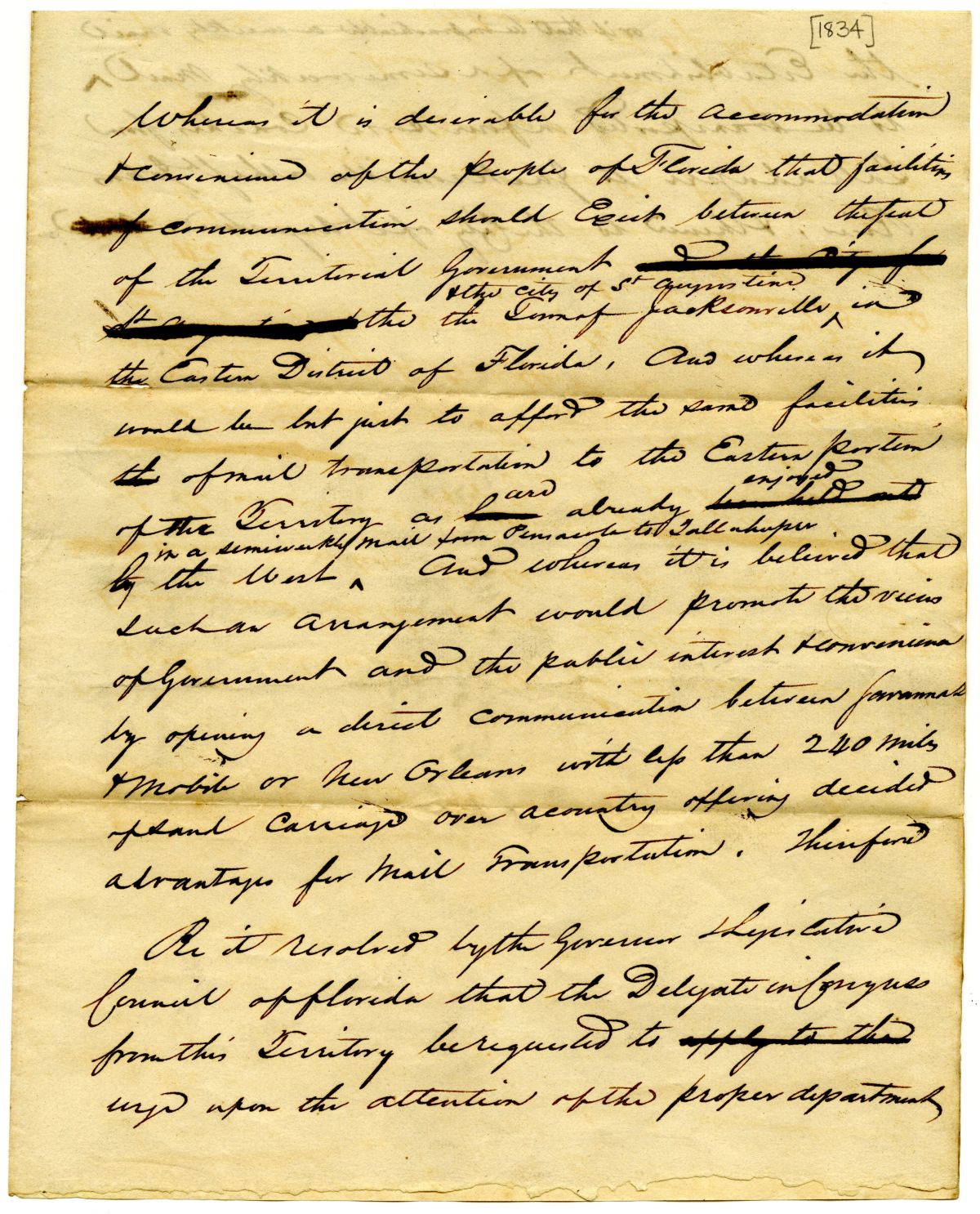 Resolution Respecting Mail to East Florida, 1834