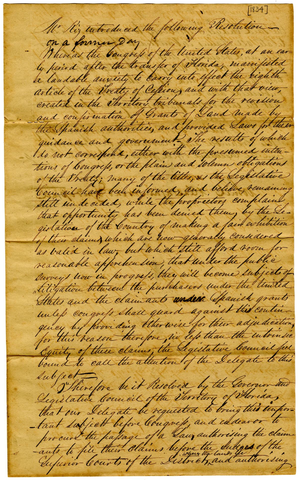 Resolution to the Florida Delegate in Congress Concerning the Passage of a Law to Adjudicate Spanish Land Grants, 1834