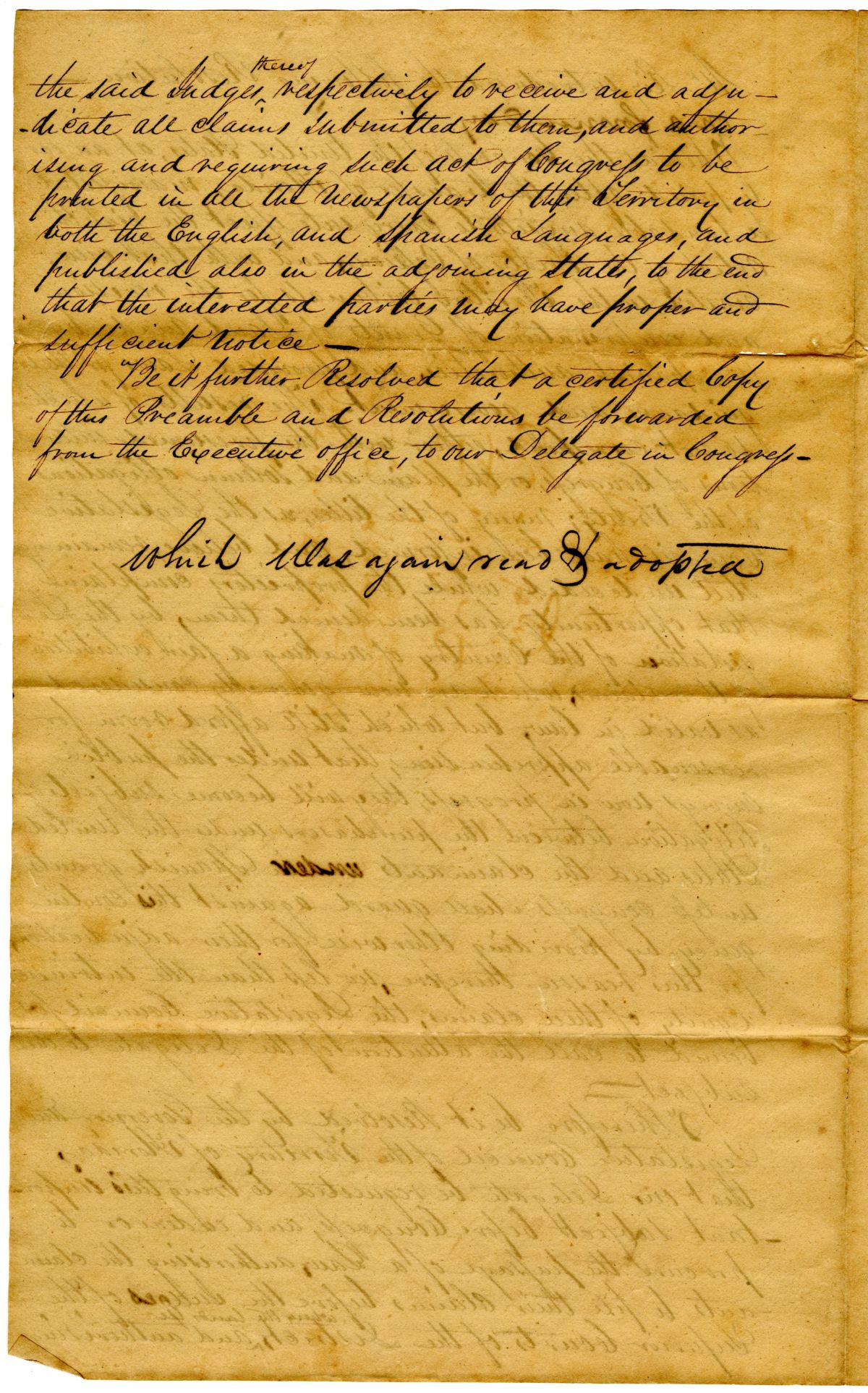 Resolution to the Florida Delegate in Congress Concerning the Passage of a Law to Adjudicate Spanish Land Grants, 1834