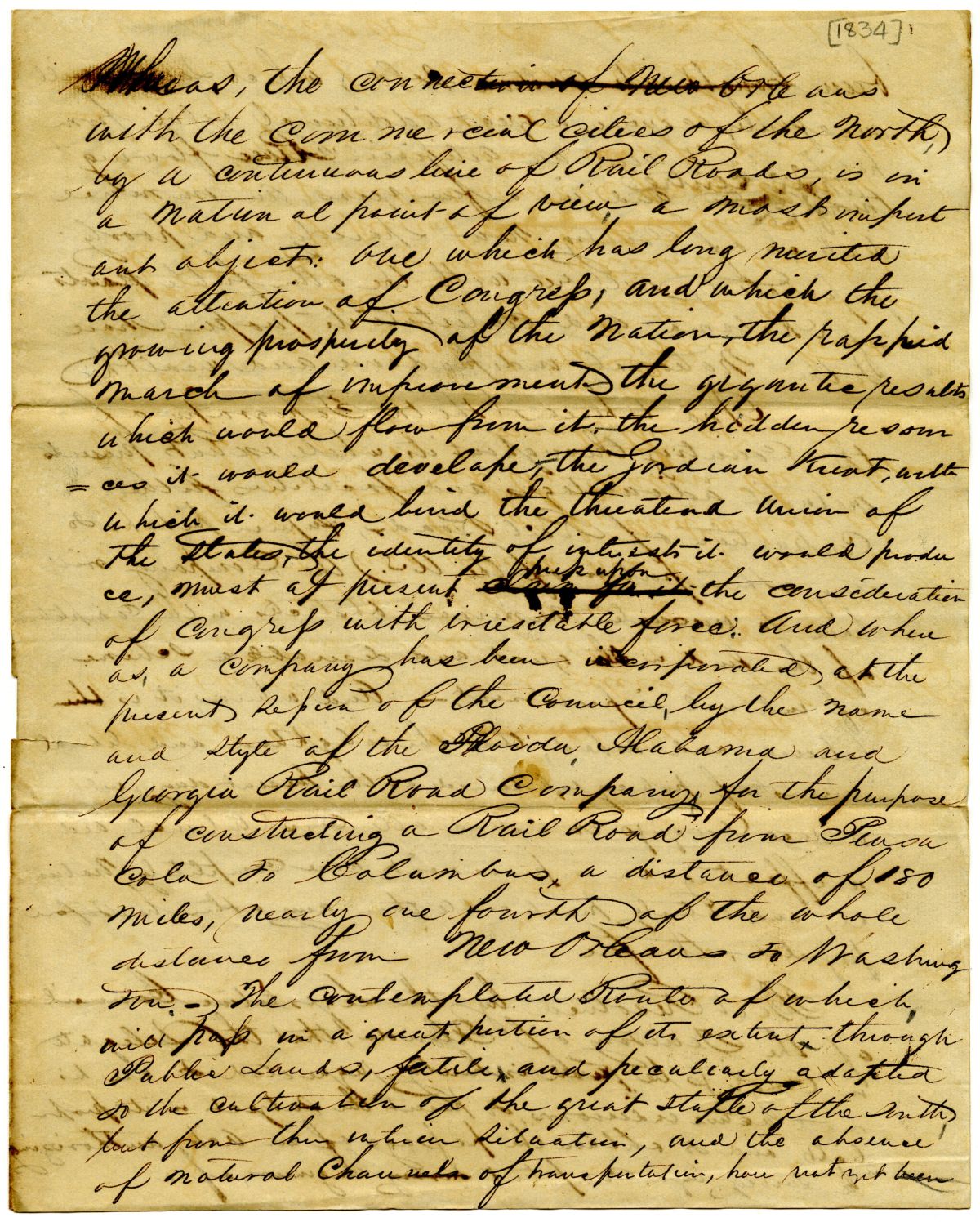 Resolution to the Florida Delegate in Congress Concerning the Passage of an Act to Survey a Railroad from Pensacola to Columbus, 1834