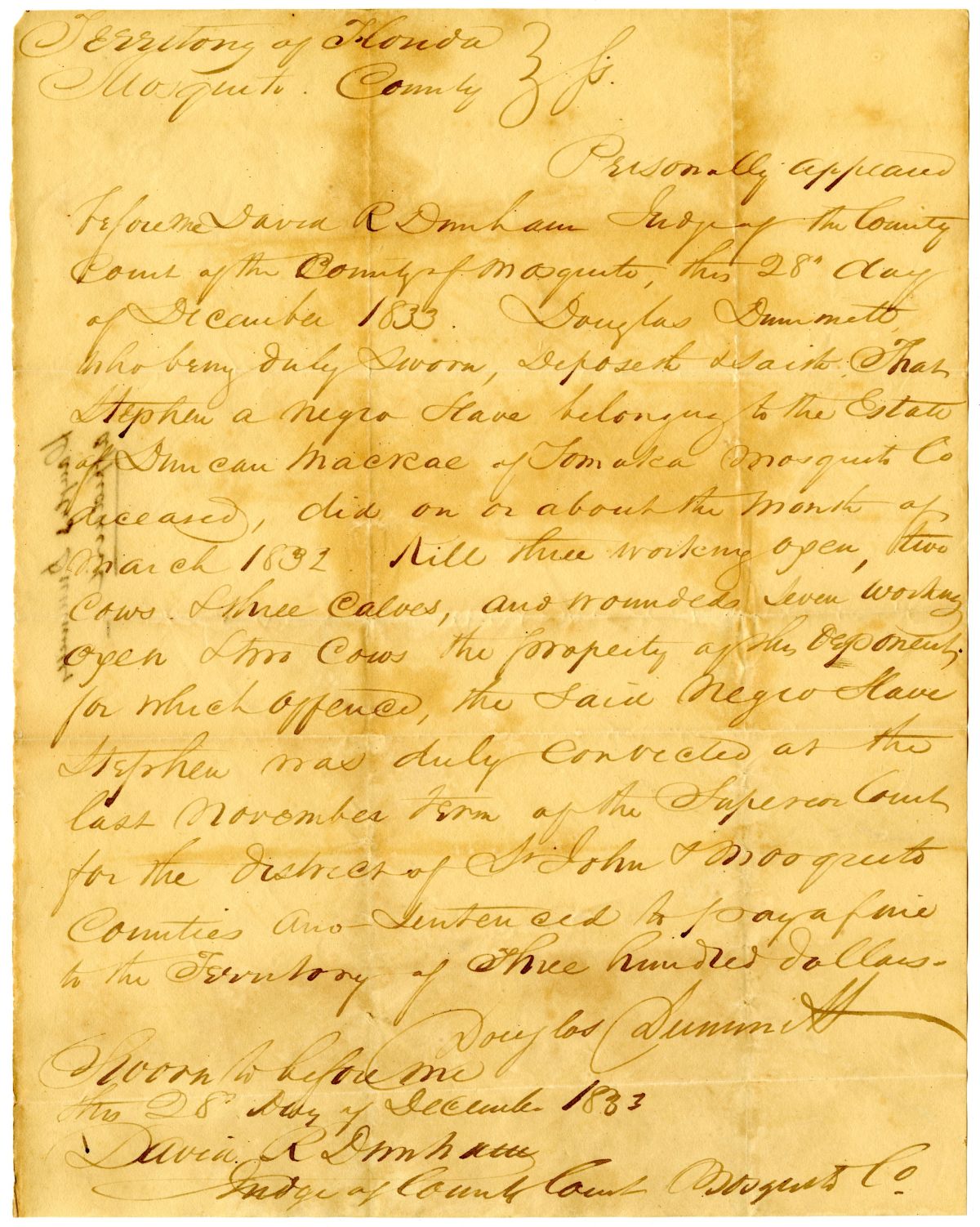 Affidavit of Douglas Dummett Attesting that a Slave Killed His Livestock, 1833