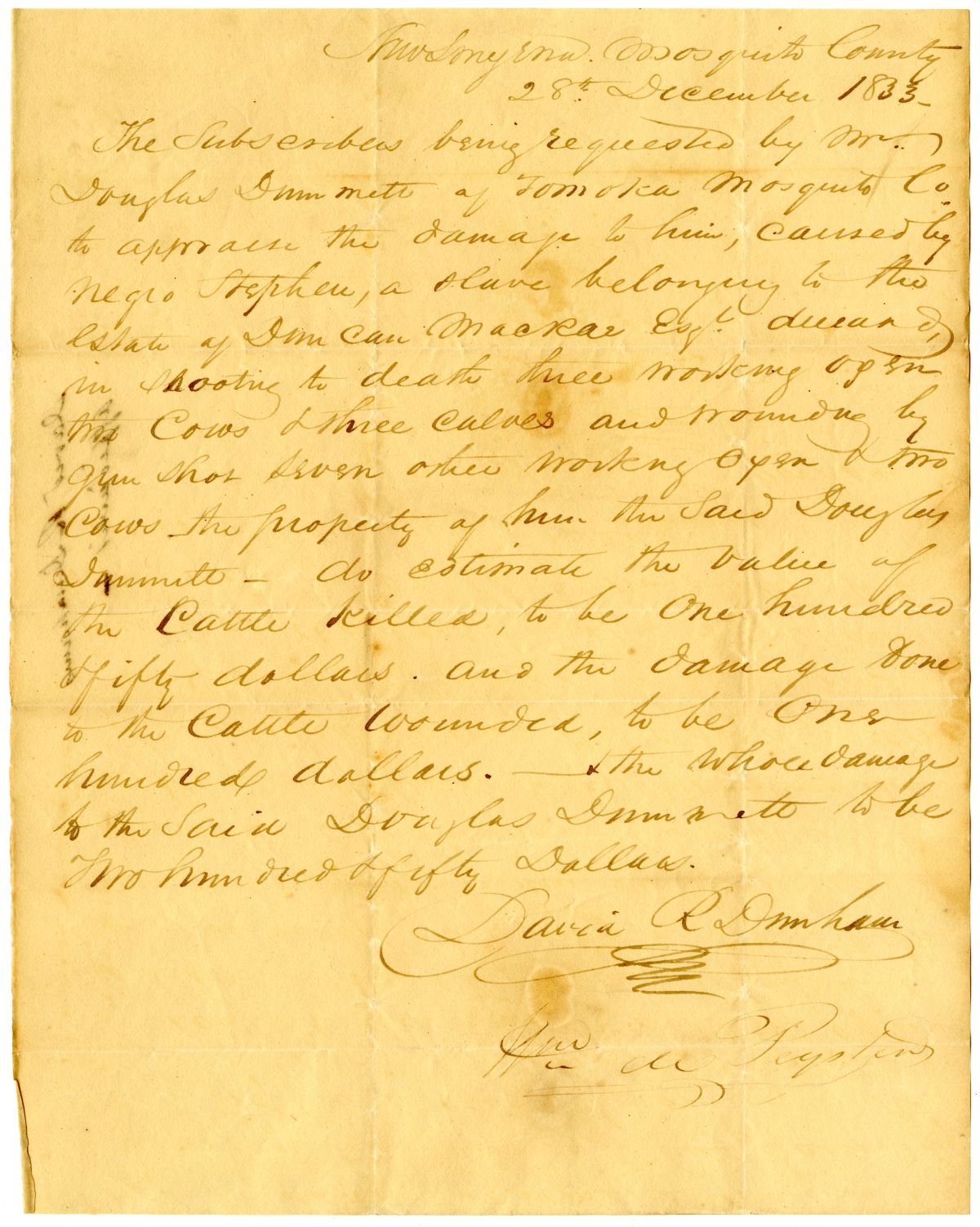 Affidavit of David R. Dunham and William de Peyster Attesting to the Monetary Value of Douglas Dummett's Slain Cattle, 1833