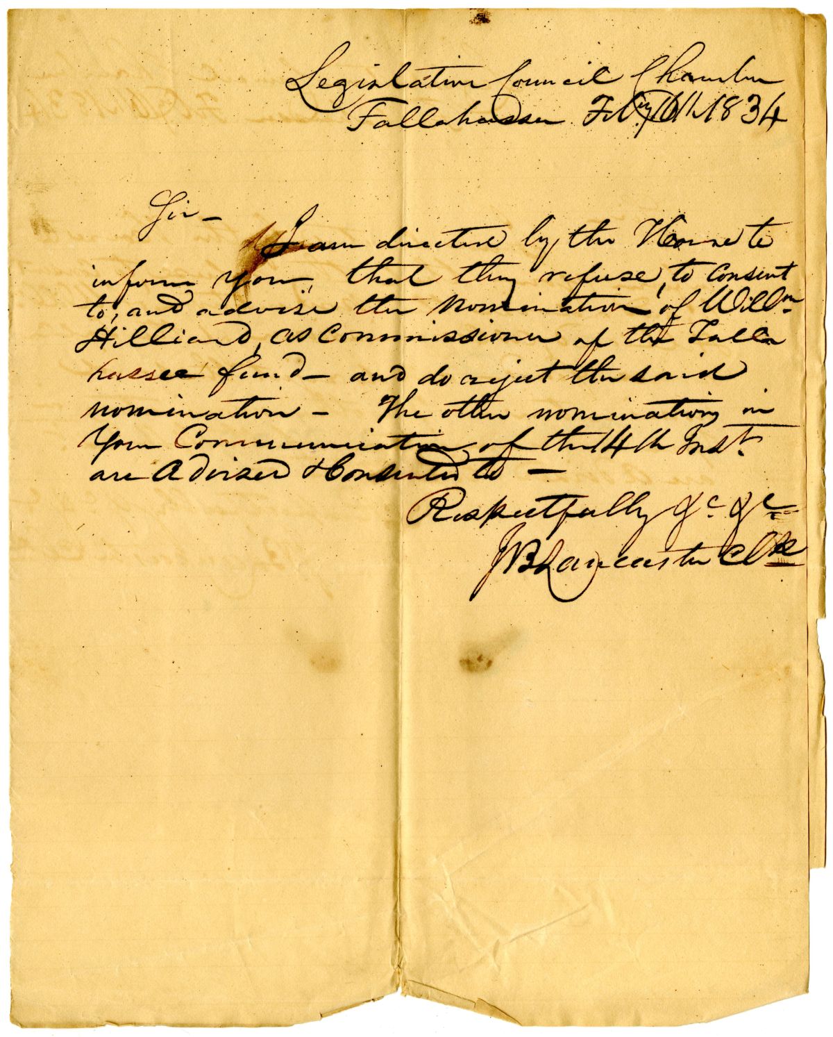 Letter from J. B. Lancaster to Governor William Pope Duval Concerning Nominations of Public Officers, 1834