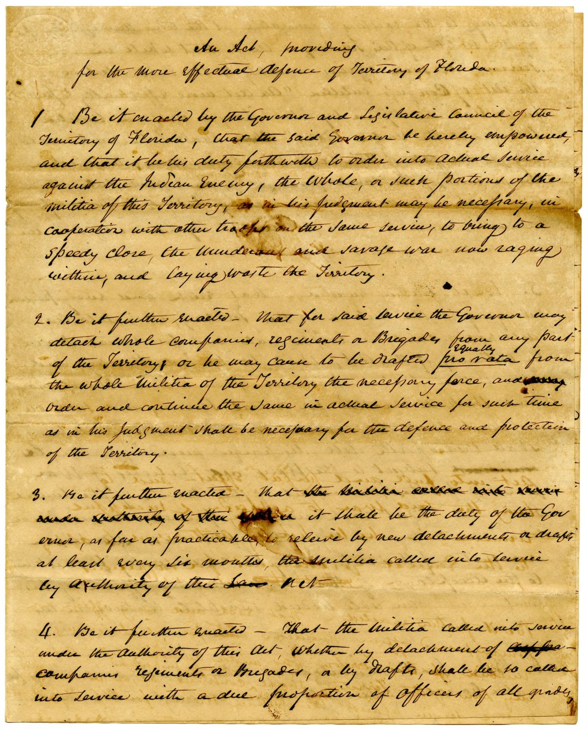 Draft of an Act Authorizing the Governor to Use the Militia at the Outbreak of the Second Seminole War, 1835