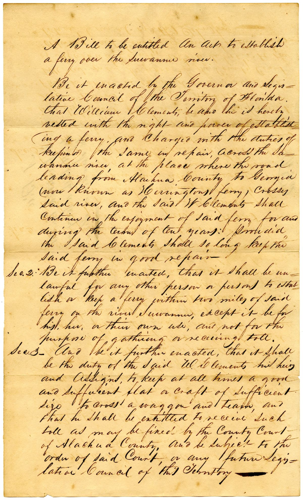 Draft of an Act Authorizing William Clements to Establish a Ferry over the Suwannee River at Herrington's Ferry, 1835