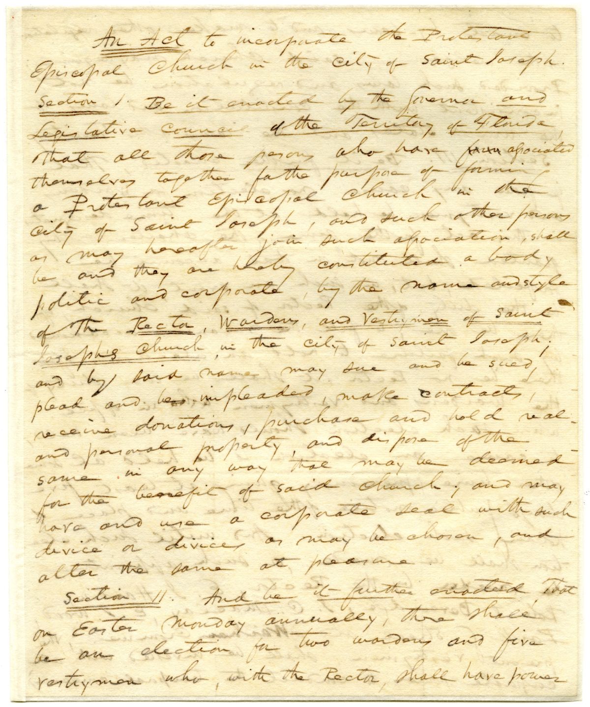 Draft of an Act to Incorporate the Protestant Episcopal Church in the City of Saint Joseph, circa 1835