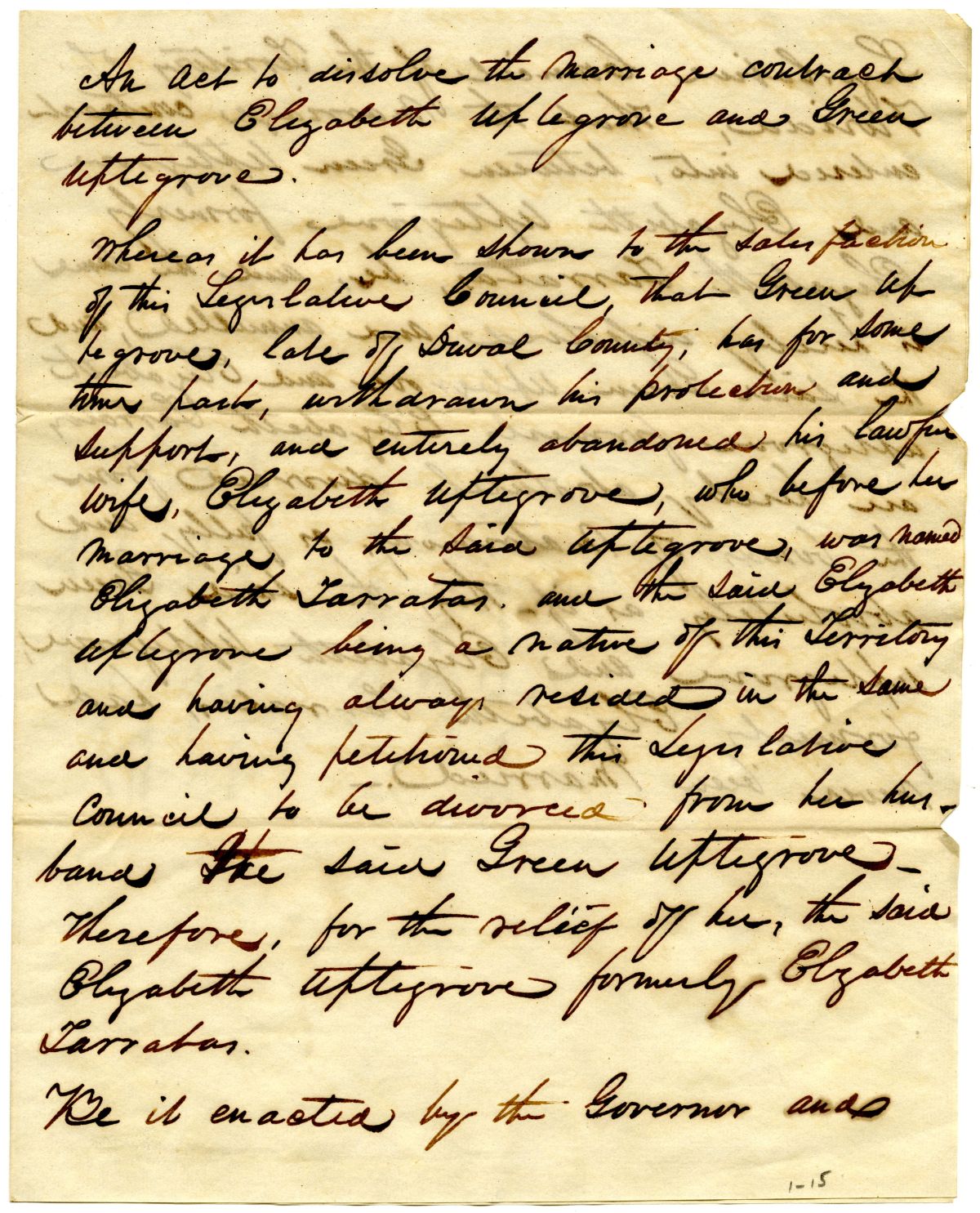 Draft of an Act to Dissolve the Marriage Contract Between Elizabeth and Green Uptegrove, 1835