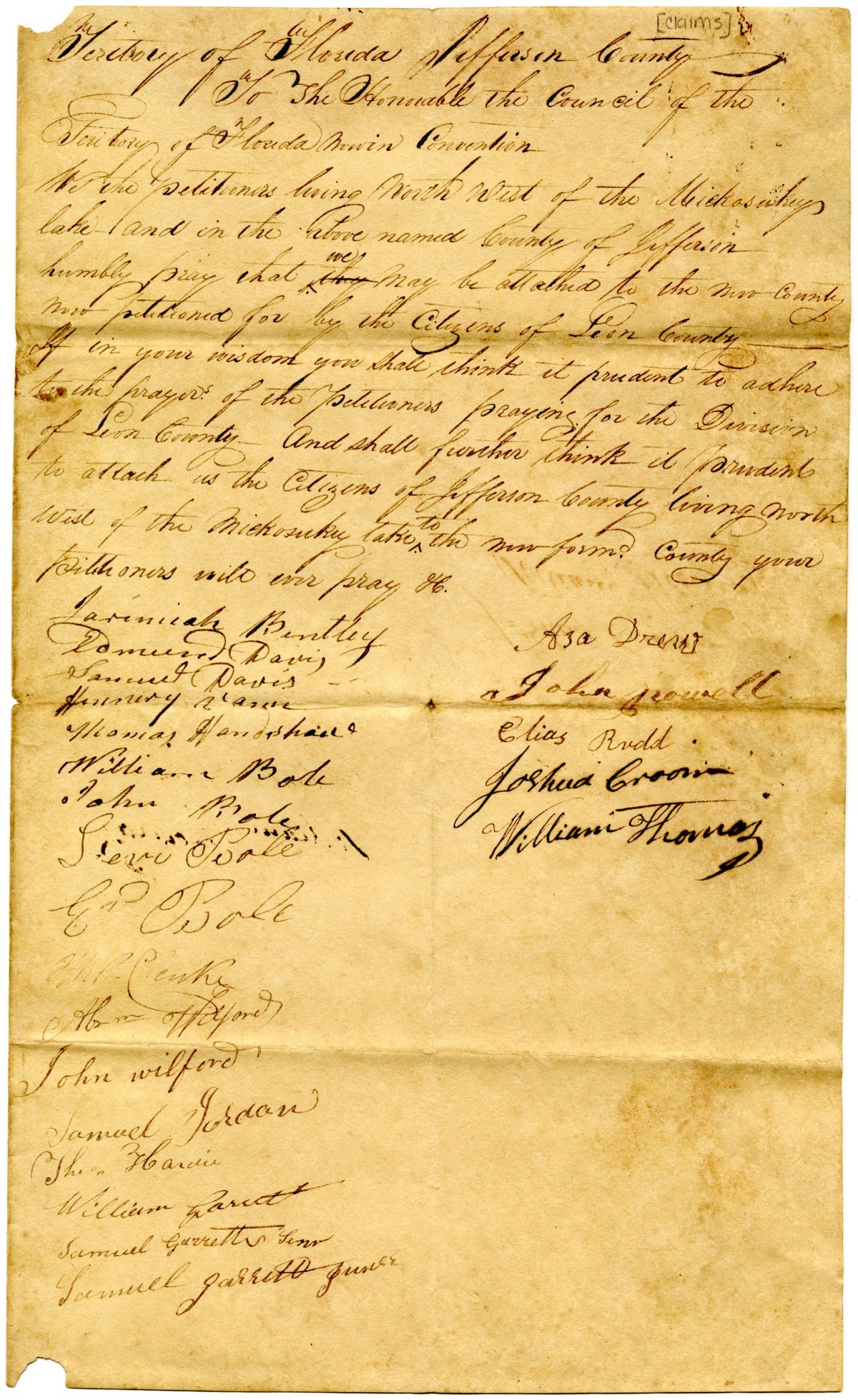 Petition of Citizens of Jefferson County Requesting to Be Attached to a Newly Created County, circa 1835