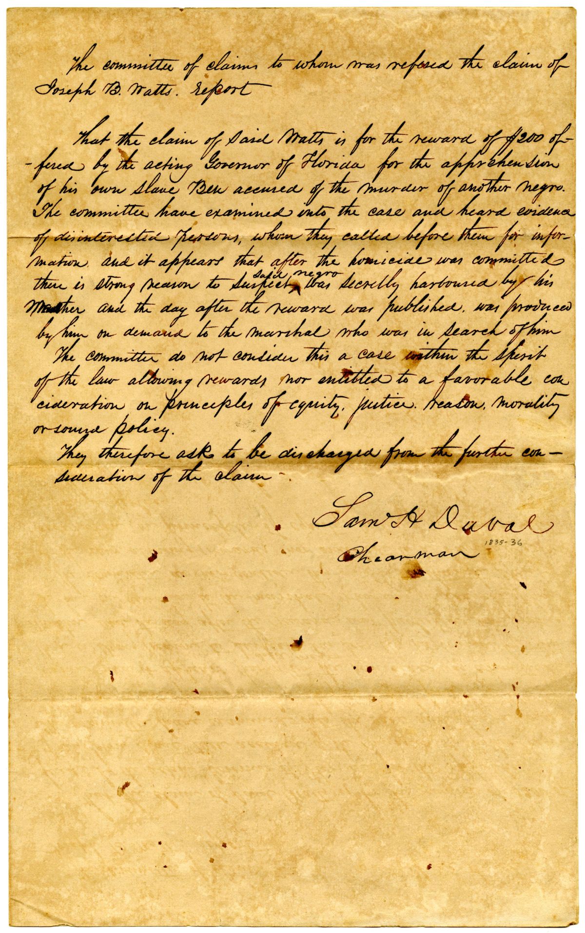 Report of the Committee on Claims Concerning the Claim of Joseph B. Watts, circa 1835