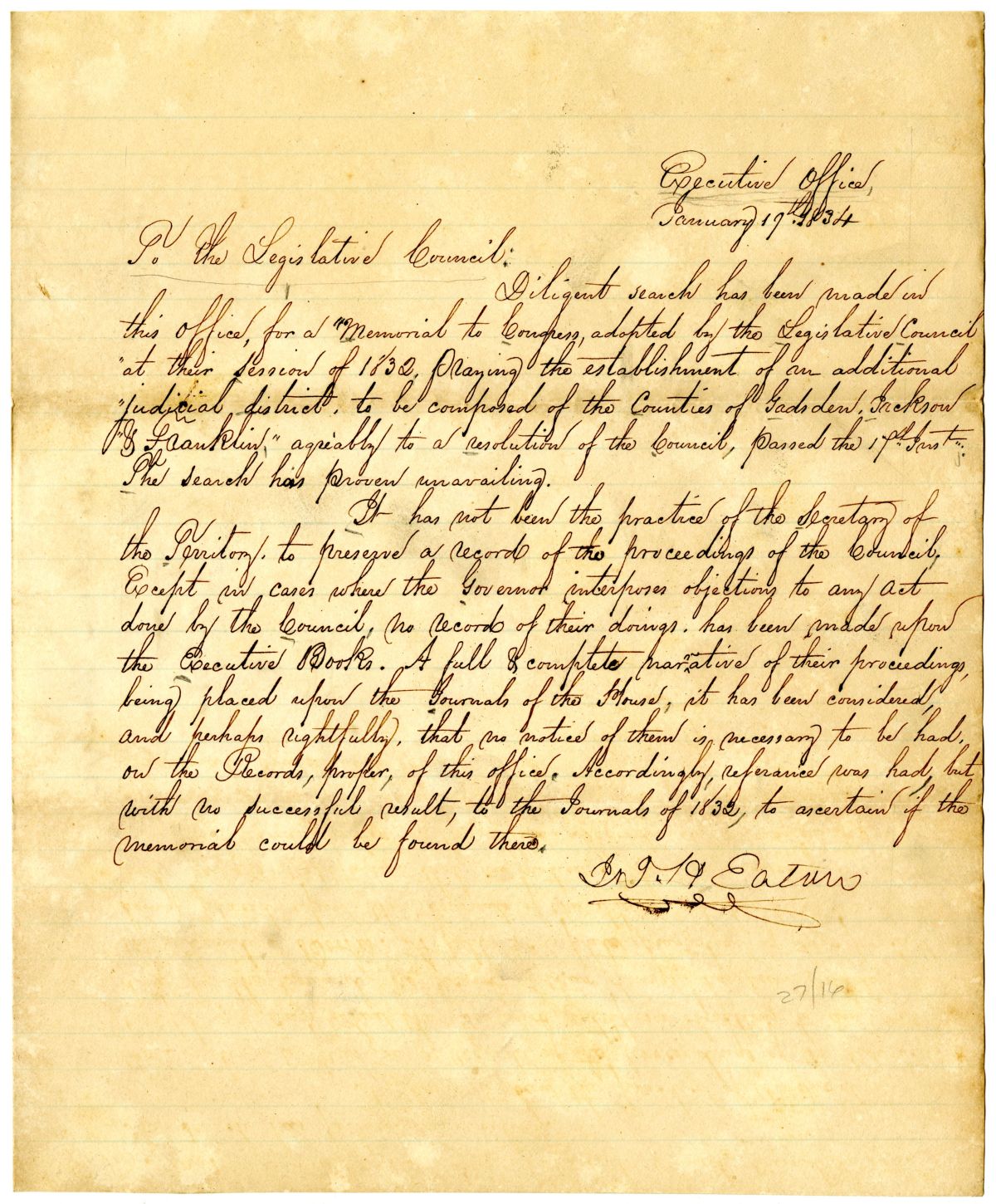 Letter from Governor John Eaton to the Territorial Legislative Council Concerning a Memorial to Congress, 1835