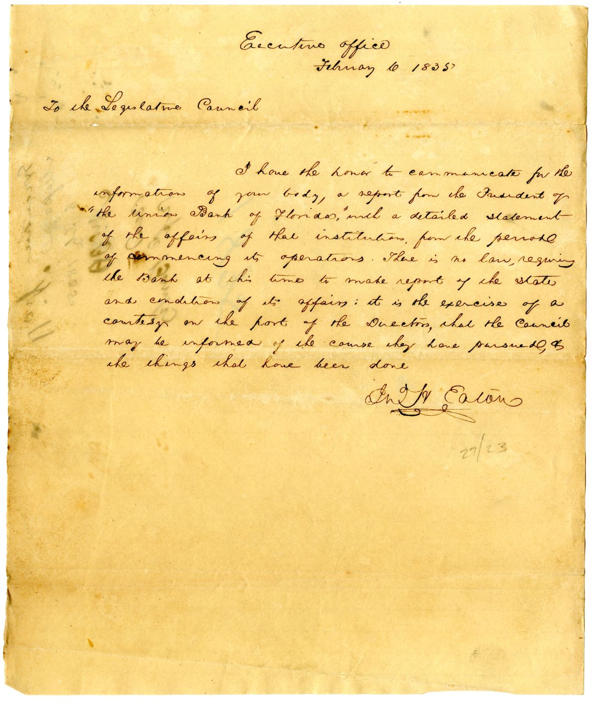 Letter from Governor John Eaton to the Territorial Legislative Council Concerning a Report from the Union Bank, 1835