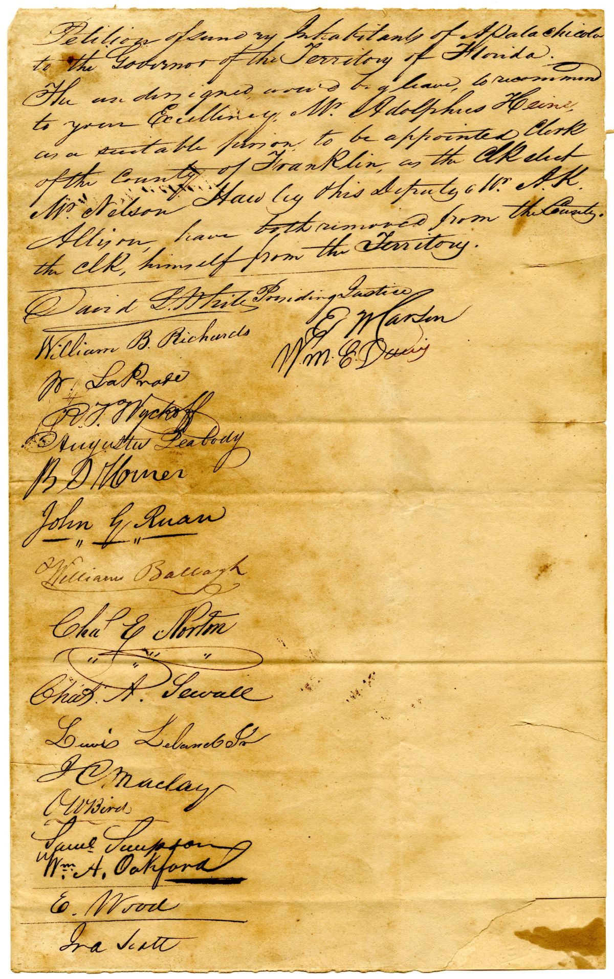 Petition of Citizens of Apalachicola Requesting that Adolphus Heine Be Appointed Clerk of Franklin County, 1835