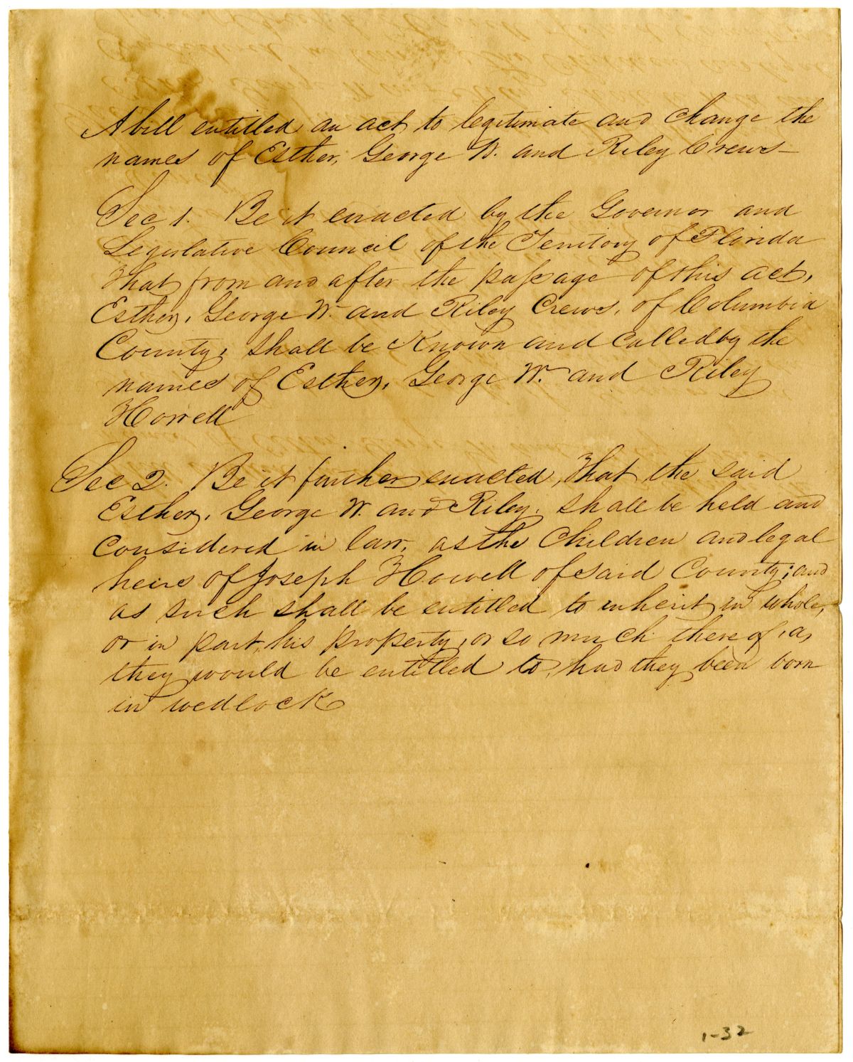 Draft of an Act to Legitimate and Change the Names of Esther, George W. and Riley Crews, 1836