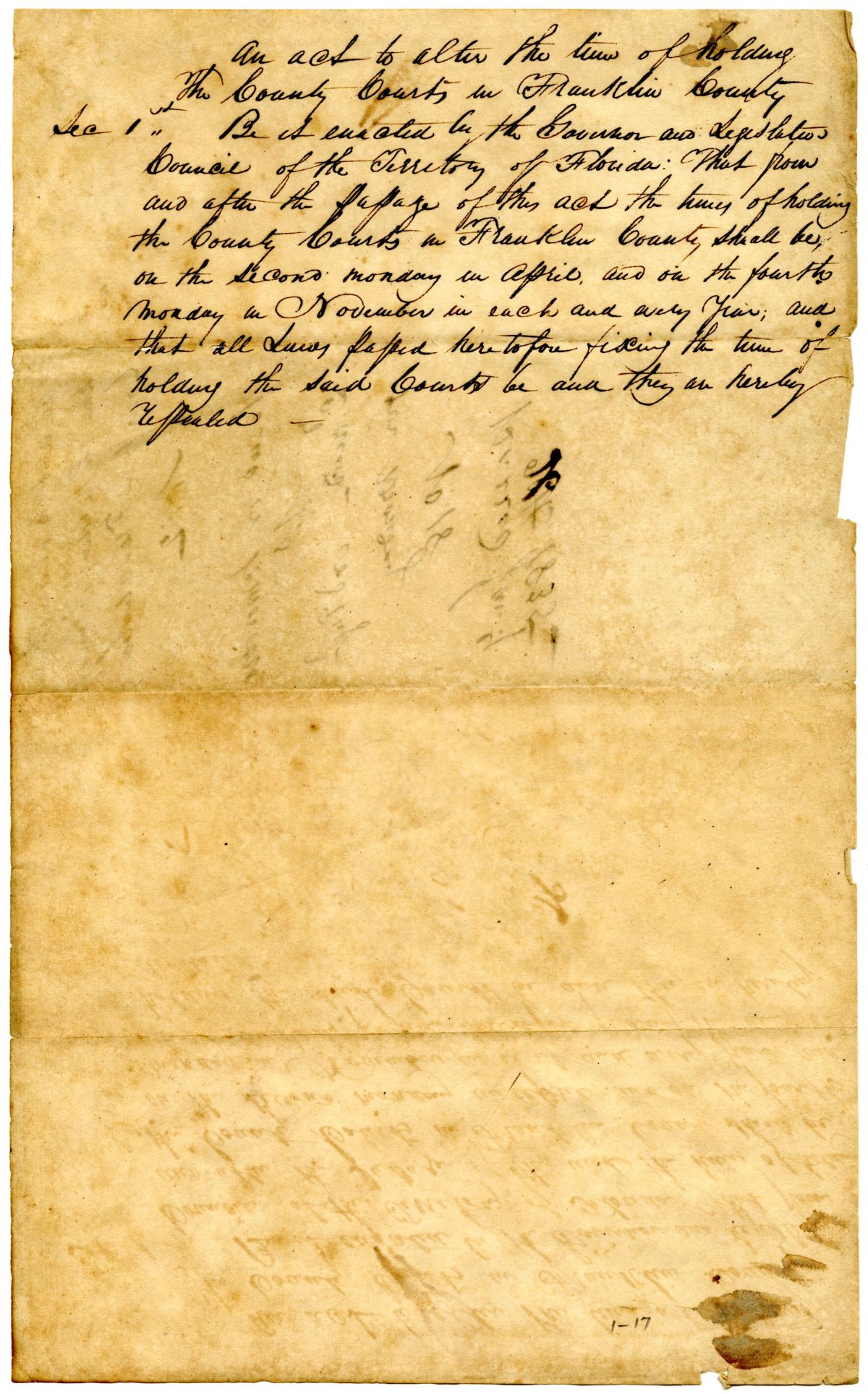 Draft of an Act to Alter the Time of Holding the County Courts in Franklin County, 1835