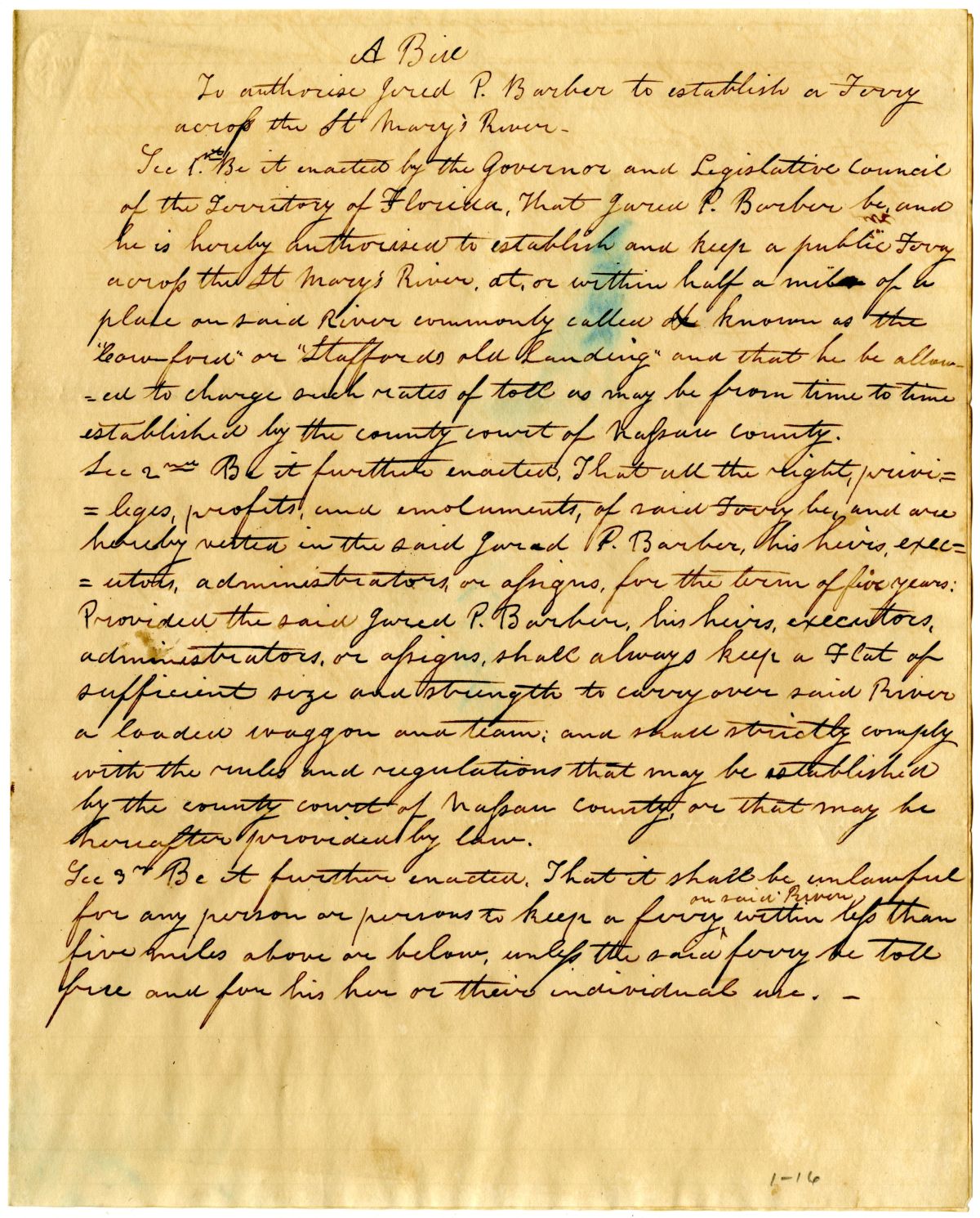 Draft of an Act to Authorize Jared P. Barber to Establish a Ferry Across the Saint Marys River, 1836