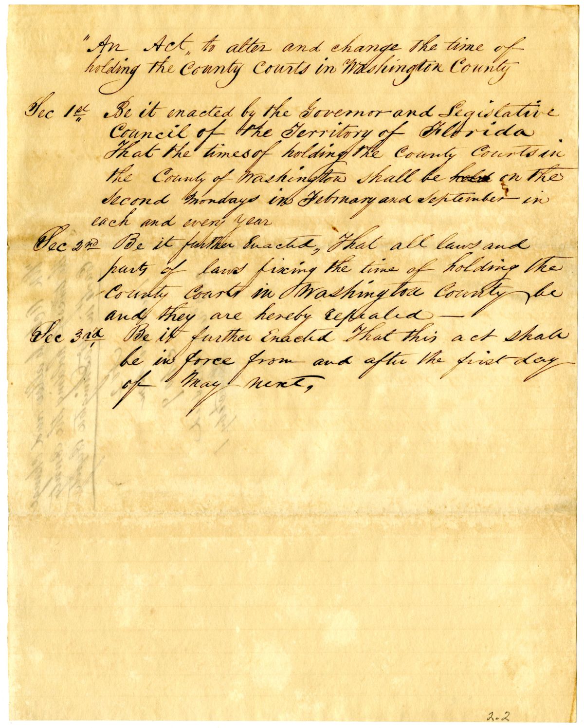 Draft of an Act to Alter and Change the Time of Holding the County Courts in Washington County, 1836