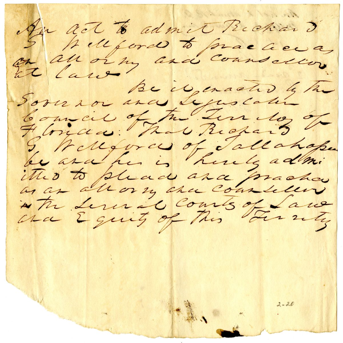 Draft of an Act to Admit Richard G. Wellford to Practice as an Attorney, 1837