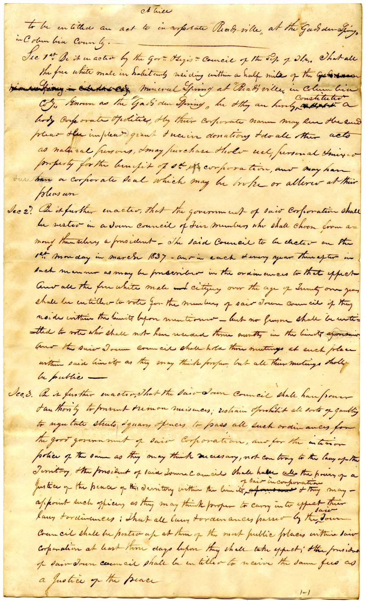 Draft of an Act to Incorporate Readsville in Columbia County, 1837