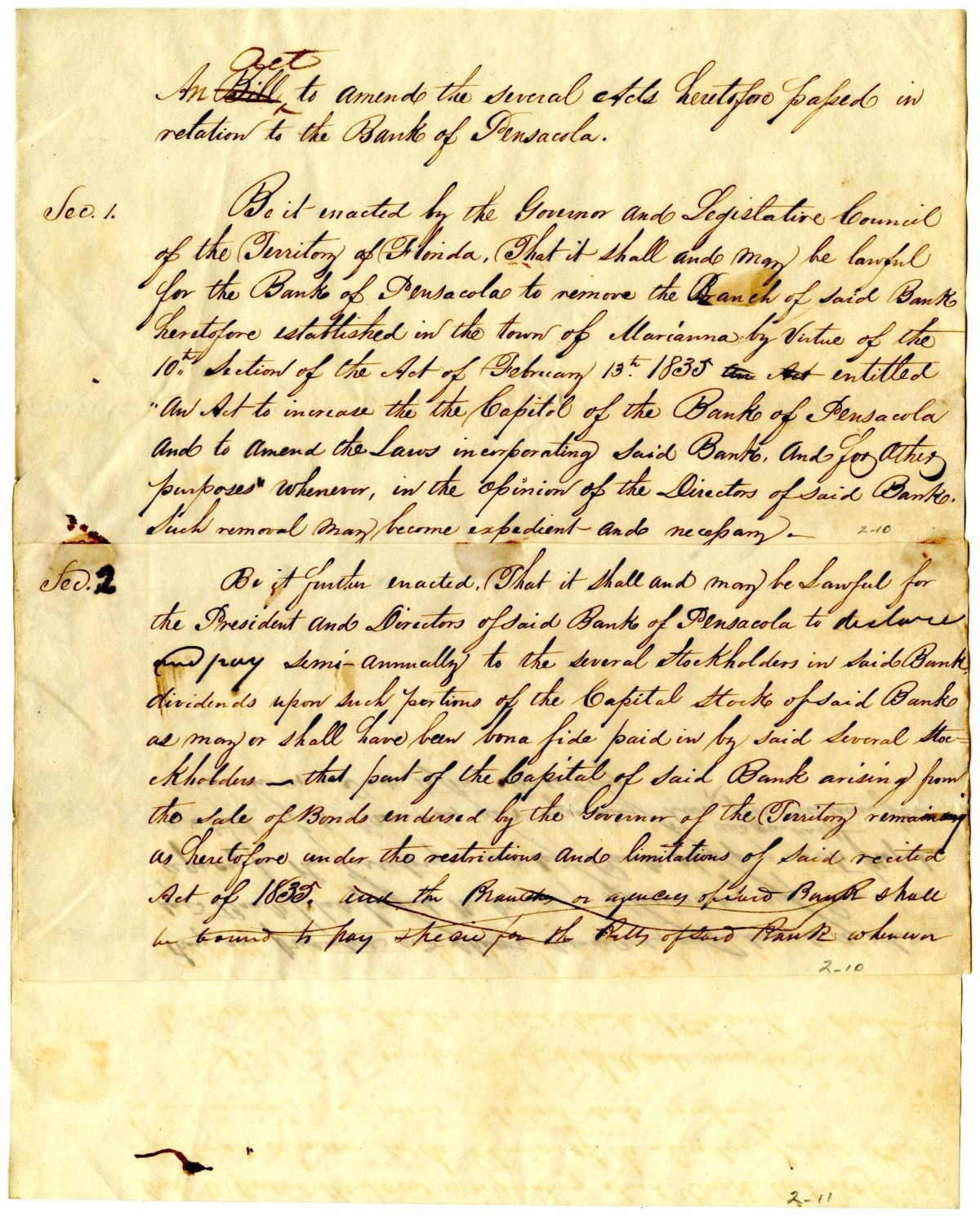 Draft of an Act to Amend the Several Acts Passed in Relation to the Bank of Pensacola, 1837