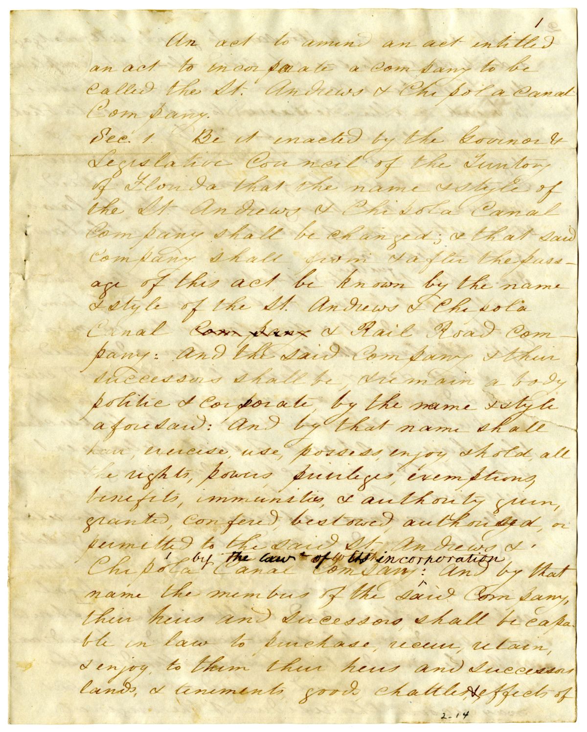 Draft of an Act to Amend an Act to Incorporate the Saint Andrews and Chipola Canal Company, 1837