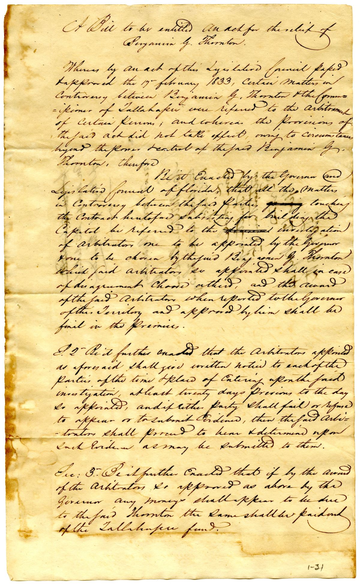 Draft of an Act for the Relief of Benjamin G. Thornton, circa 1837