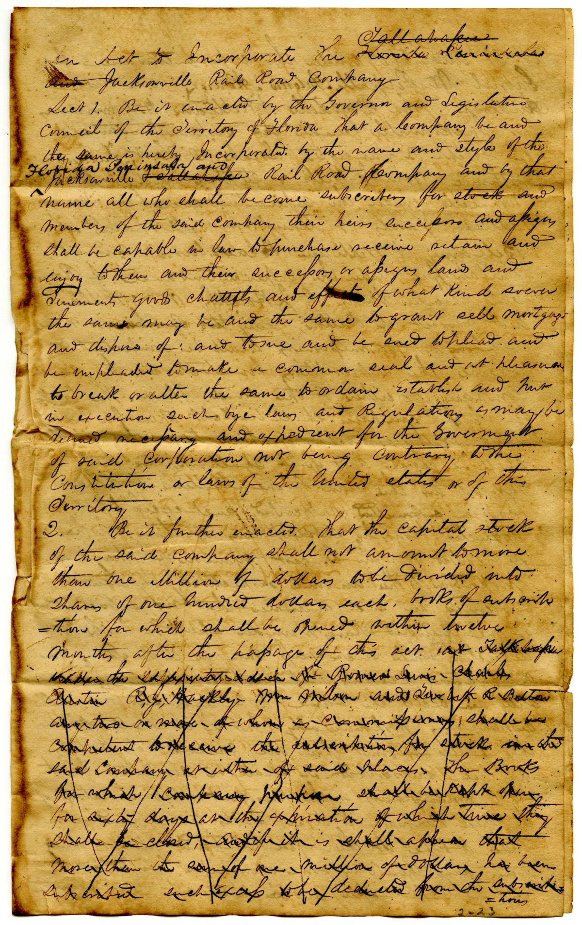 Draft of an Act to Incorporate the Florida Peninsula and Jacksonville Railroad Company, 1834