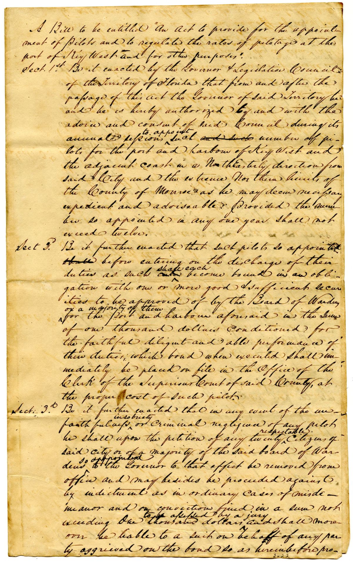 Draft of an Act to Provide for the Appointment of Pilots and to Regulate the Rates of Pilotage at Key West, 1834