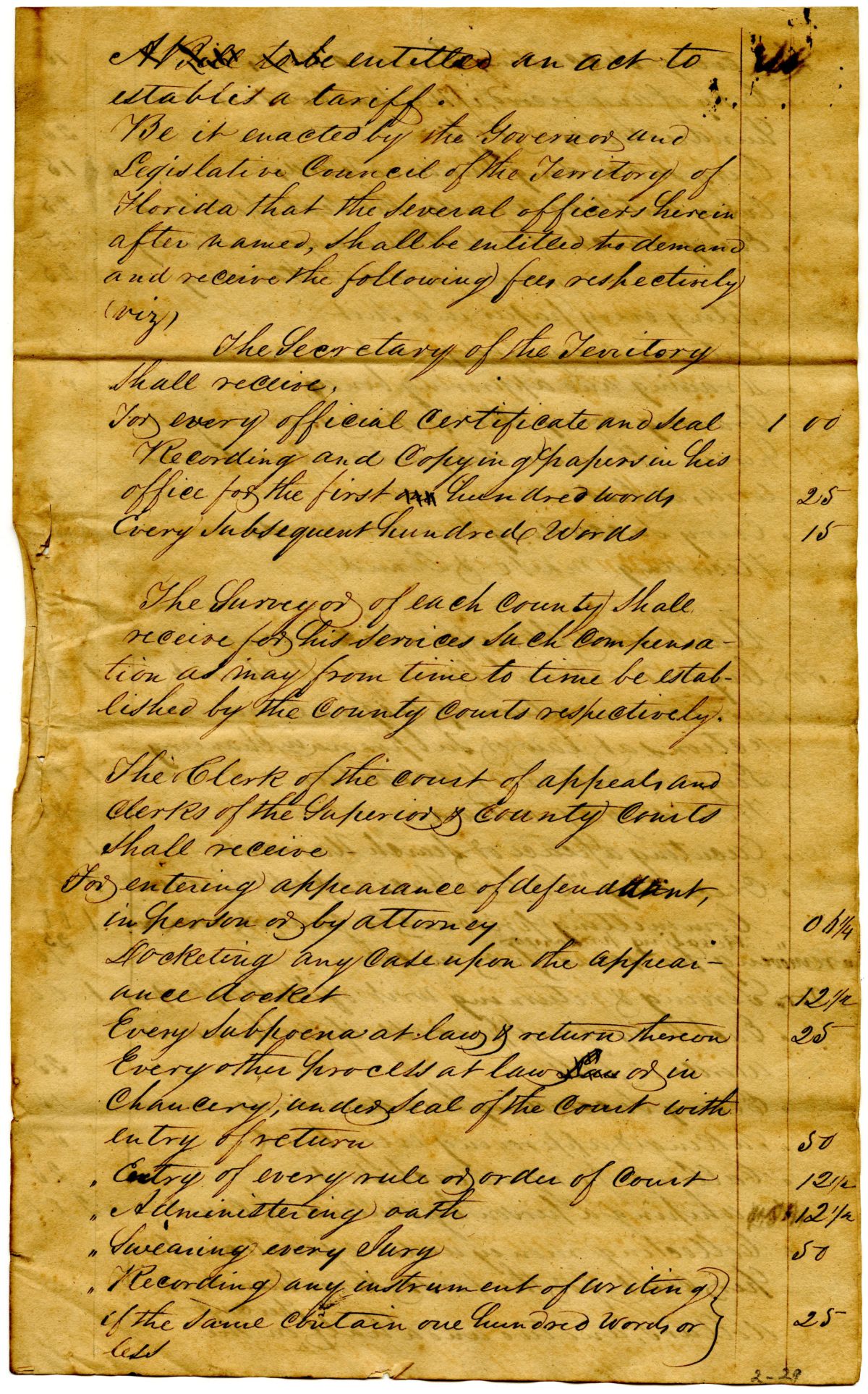 Draft of an Act to Establish a Tariff of Fees, 1834