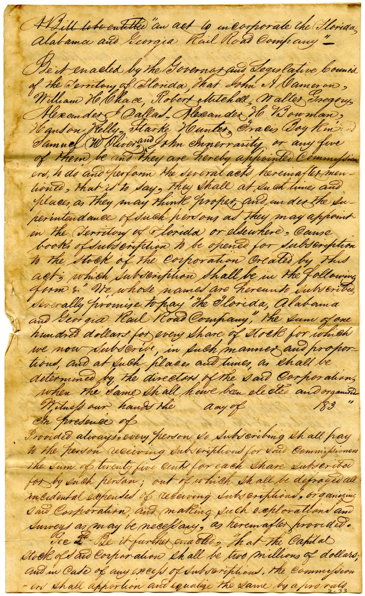 Draft of an Act to Incorporate the Florida, Alabama and Georgia Railroad Company, 1834