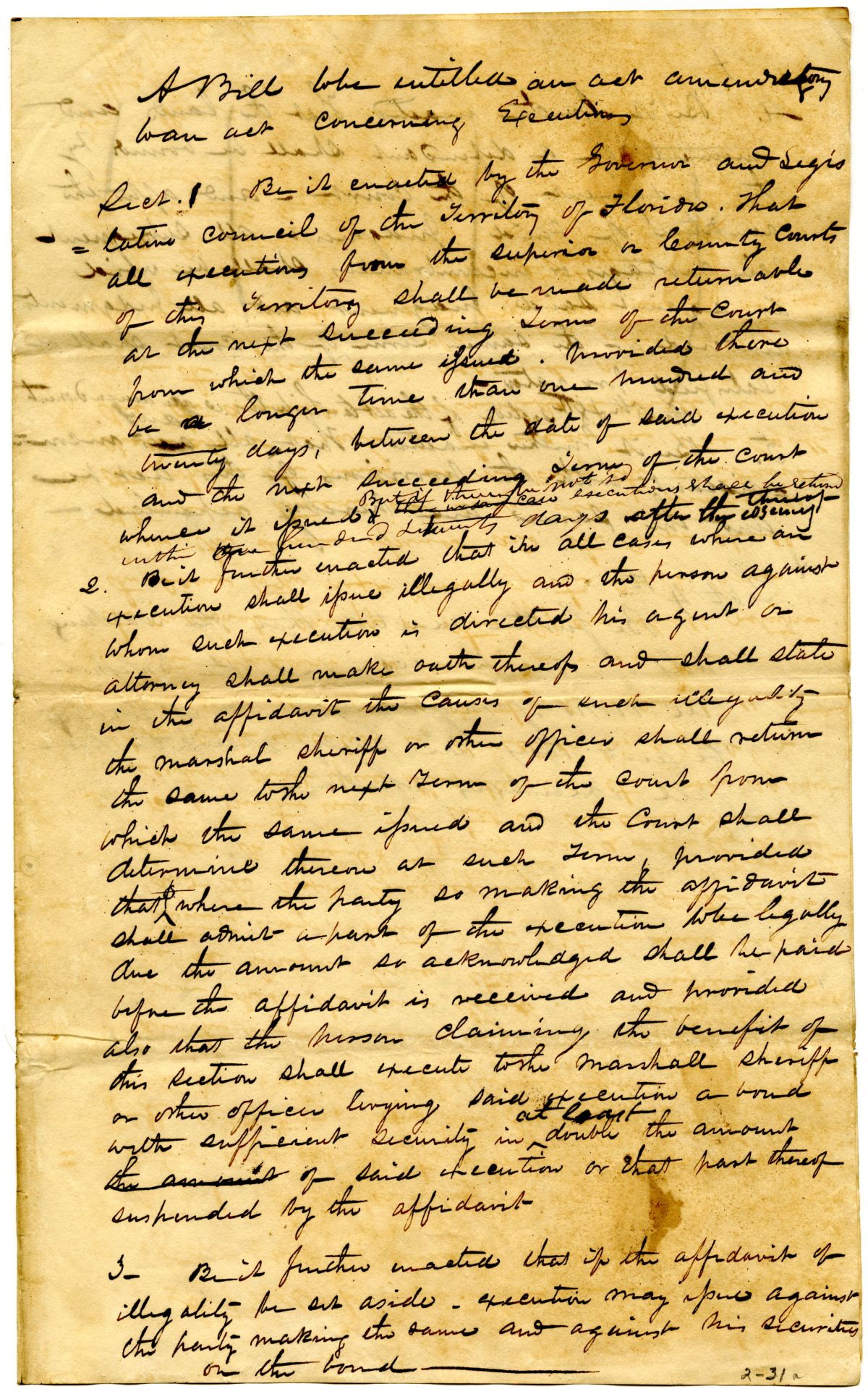 Draft of an Act Amendatory to an Act Concerning Executions, 1834