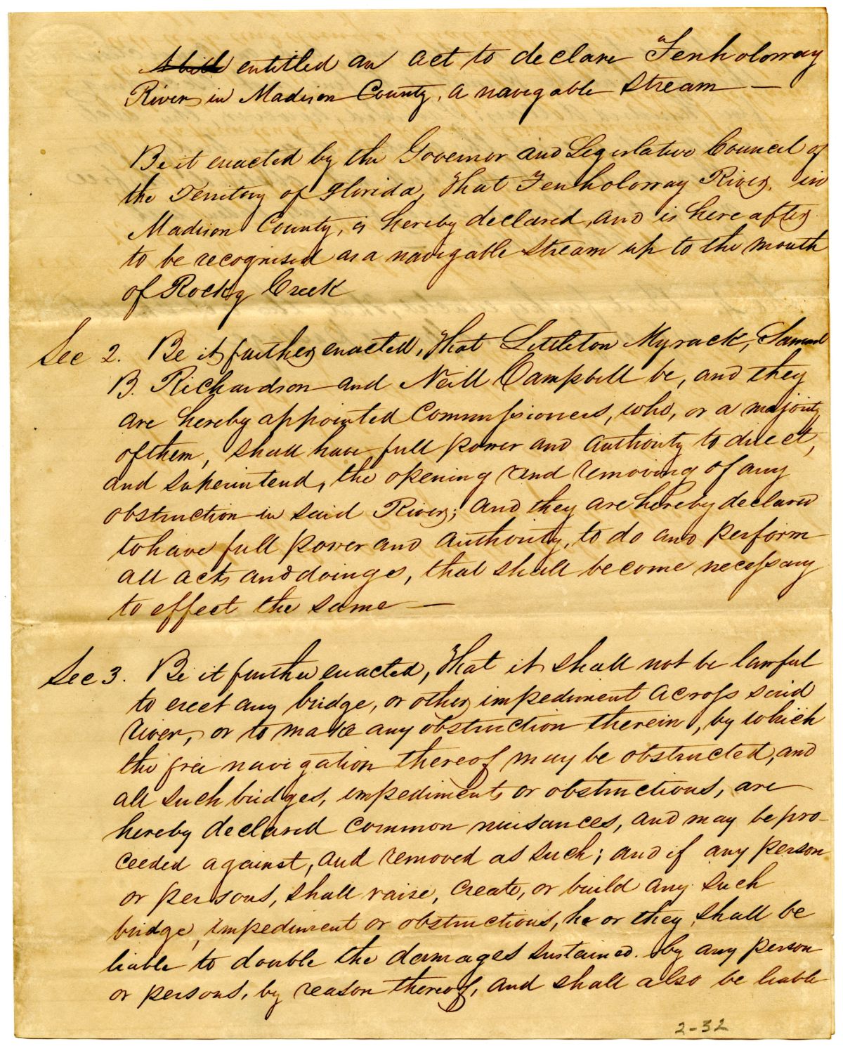 Draft of an Act to Declare Fenholloway River in Madison County a Navigable Stream, 1836