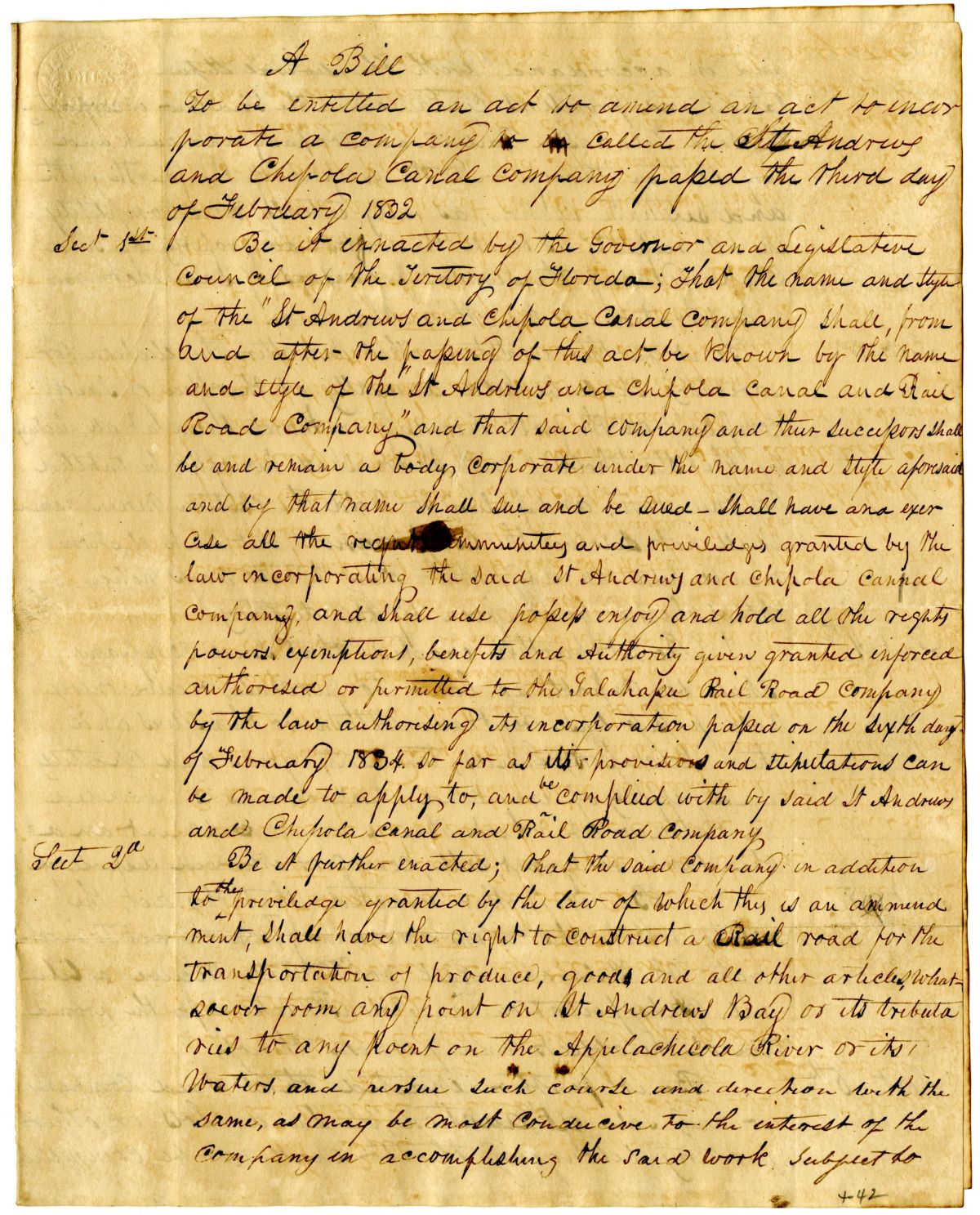 Draft of an Act to Amend an Act to Incorporate the Saint Andrews and Chipola Canal Company, circa 1837