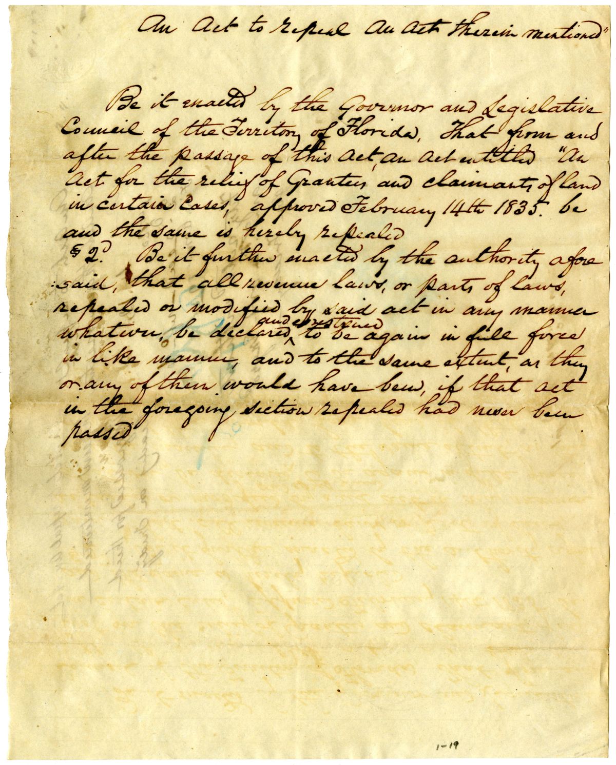 Draft of an Act to Repeal an Act Therein Mentioned, 1837