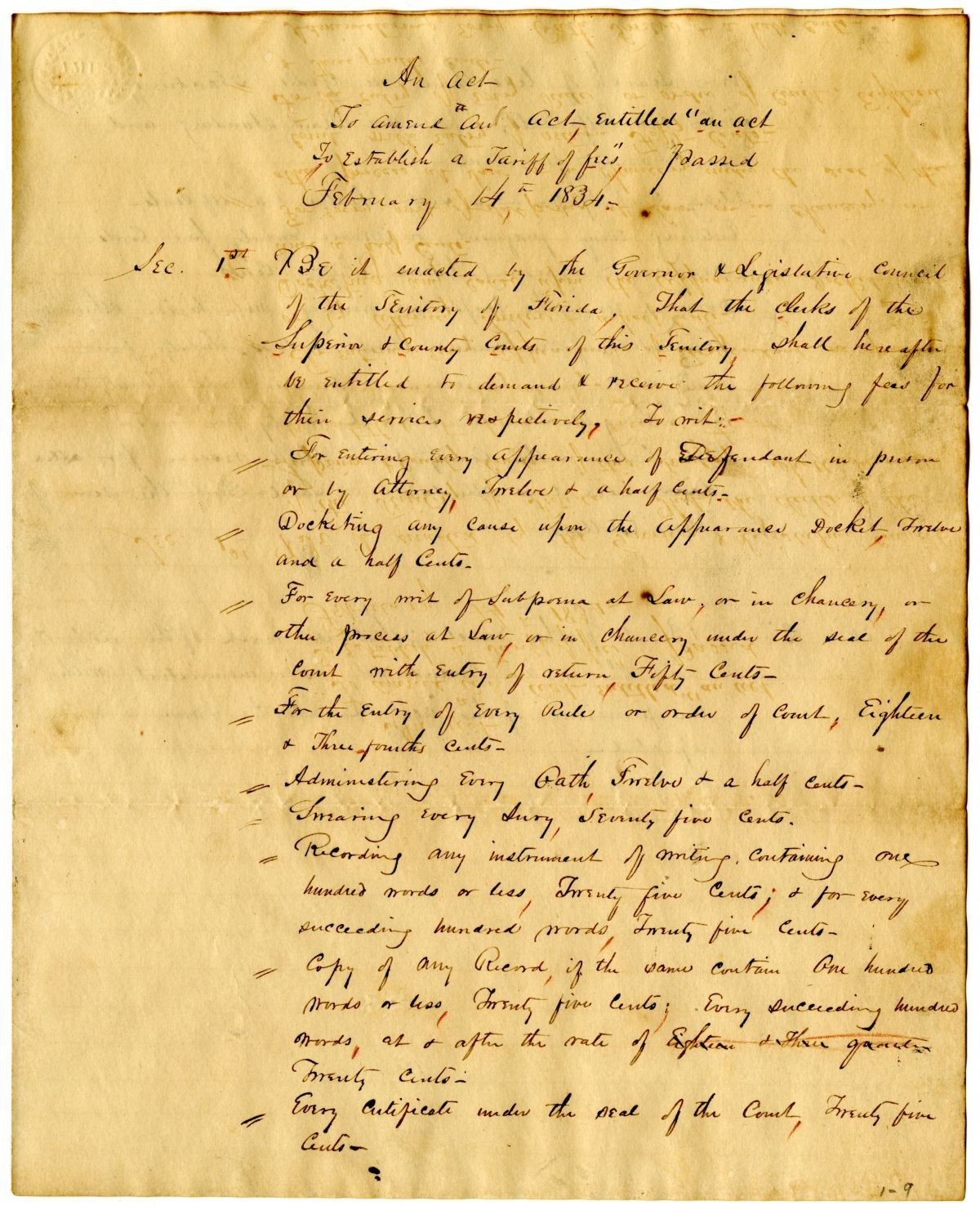 Draft of an Act to Amend an Act to Establish a Tariff of Fees, circa 1835