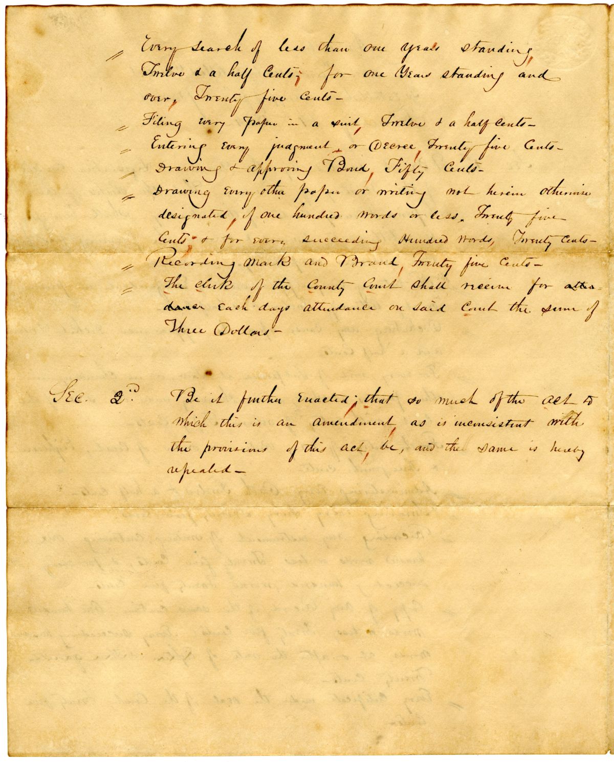 Draft of an Act to Amend an Act to Establish a Tariff of Fees, circa 1835