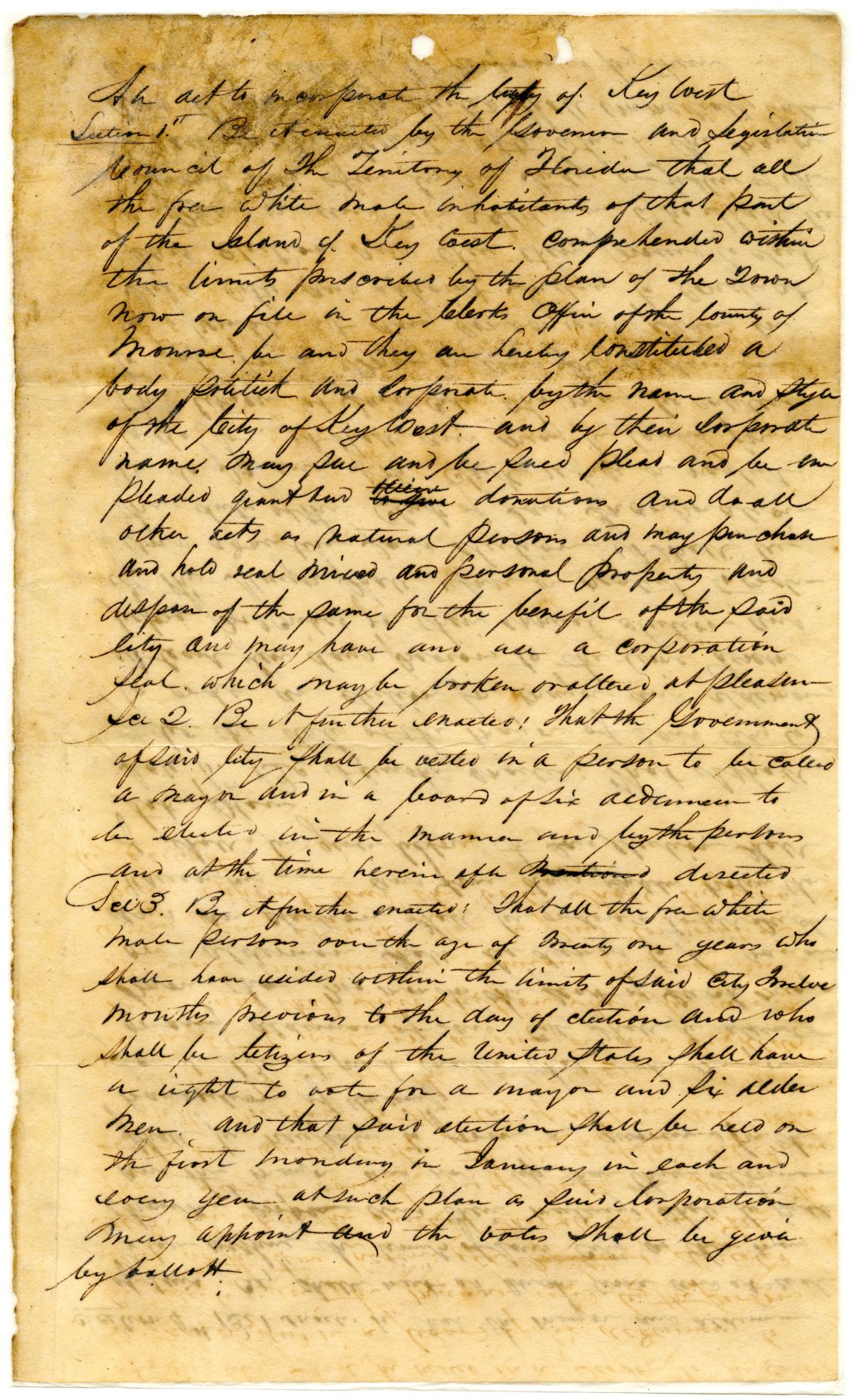 Draft of an Act to Incorporate the City of Key West, 1836