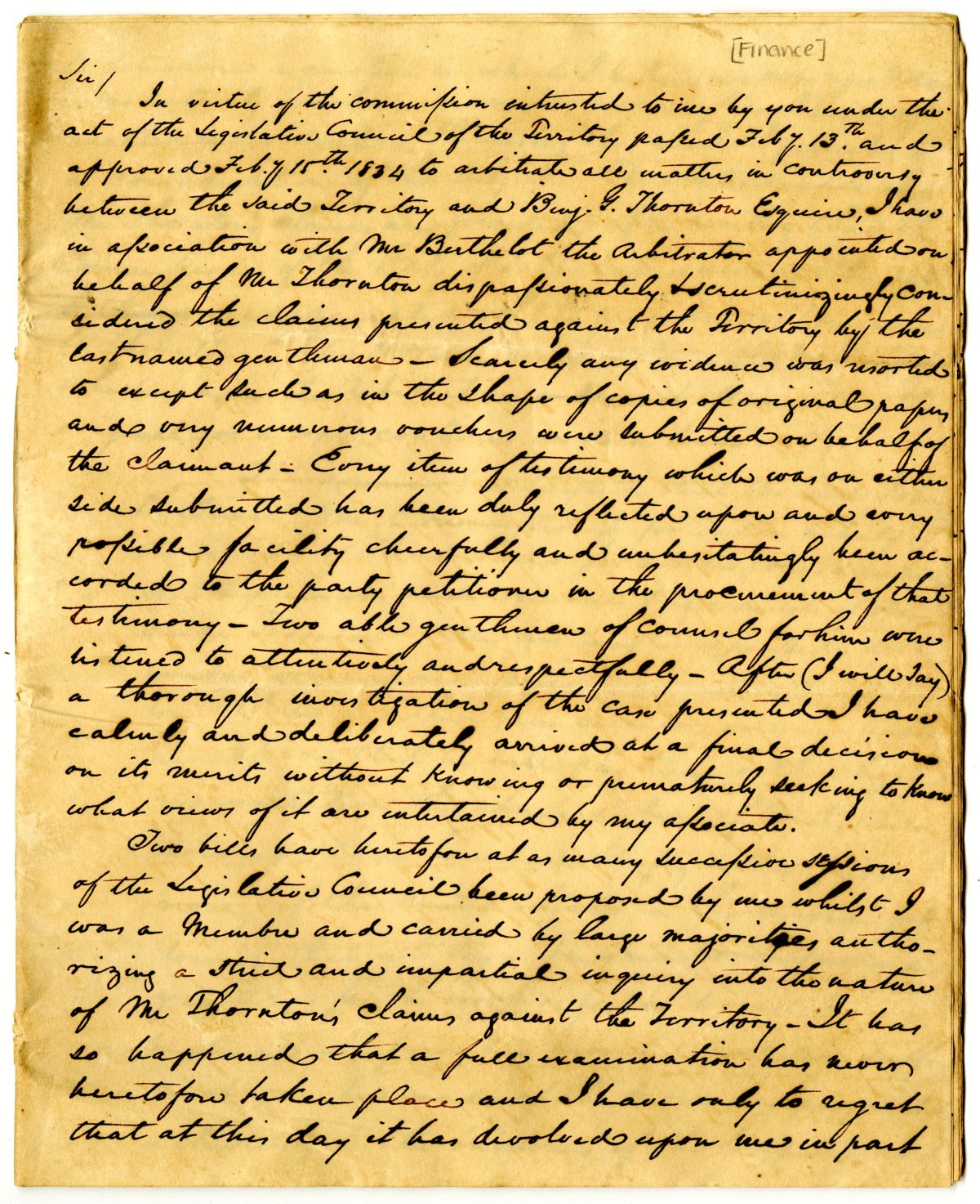 Documents Pertaining to Benjamin G. Thornton's Claim Against the Territory of Florida, 1836