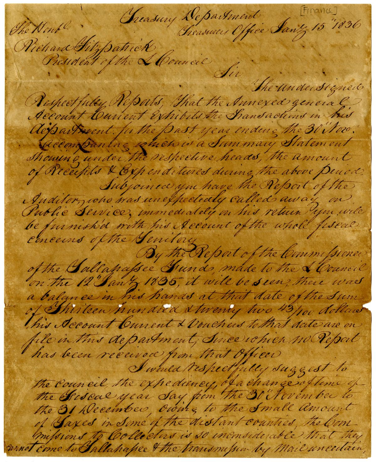 Letter from Territorial Treasurer Charles Austin to the President of the Territorial Legislative Council, 1836