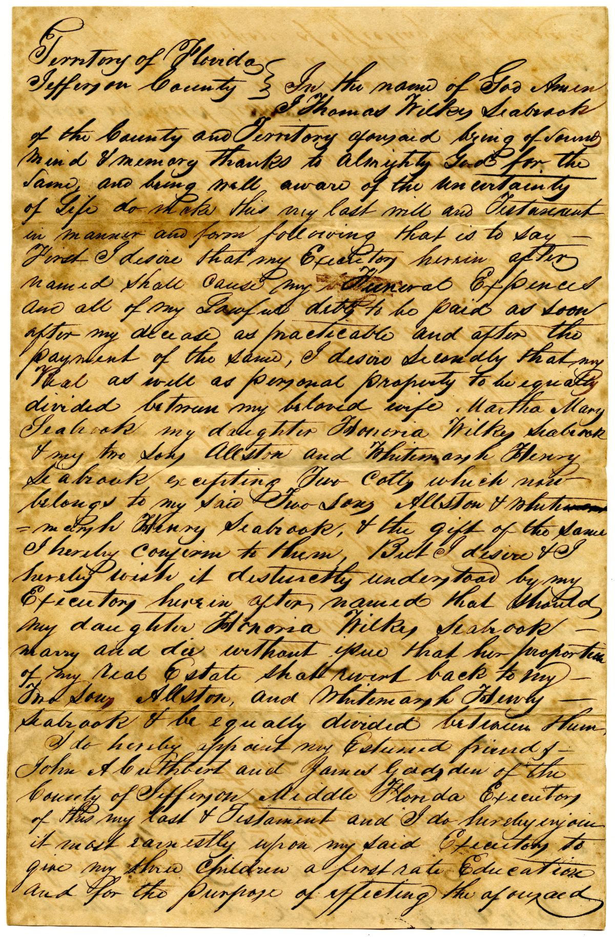 Last Will and Testament of Thomas Wilkes Seabrook, 1835