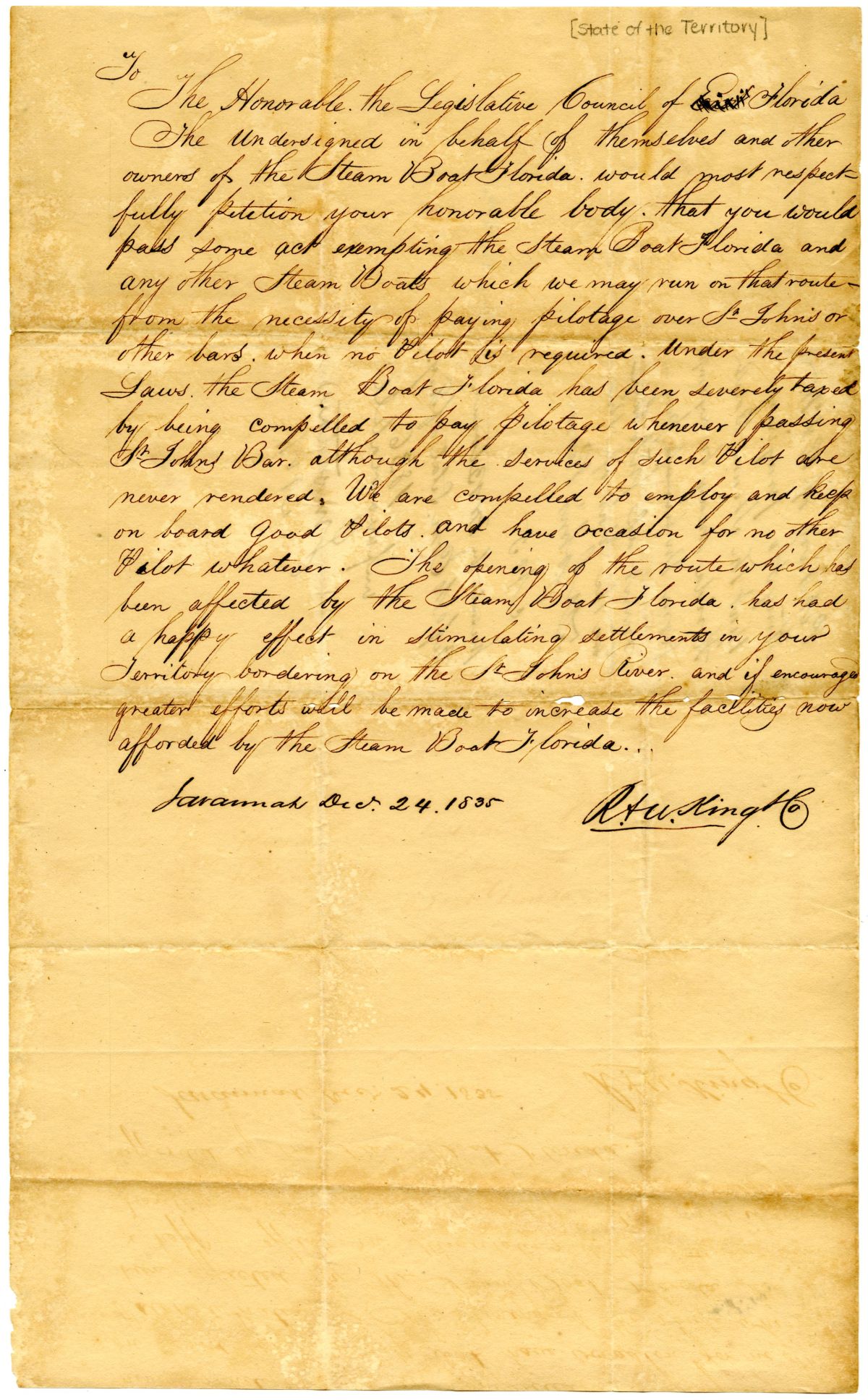 Petition of R & W King & Co. Requesting that the Steamboat Florida Be Exempt from Pilotage on the Saint Johns River Bar, 1835